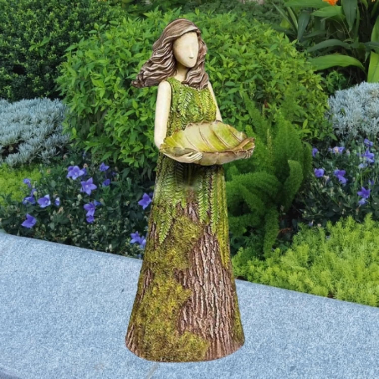 JALEO Forest Girl Bird Feeder, Fairy Garden Statuary with Bird Feeder, Bird Girl Statue Outdoor Figurine, Green Fairy Statue Bird Feeder Resin Decoration