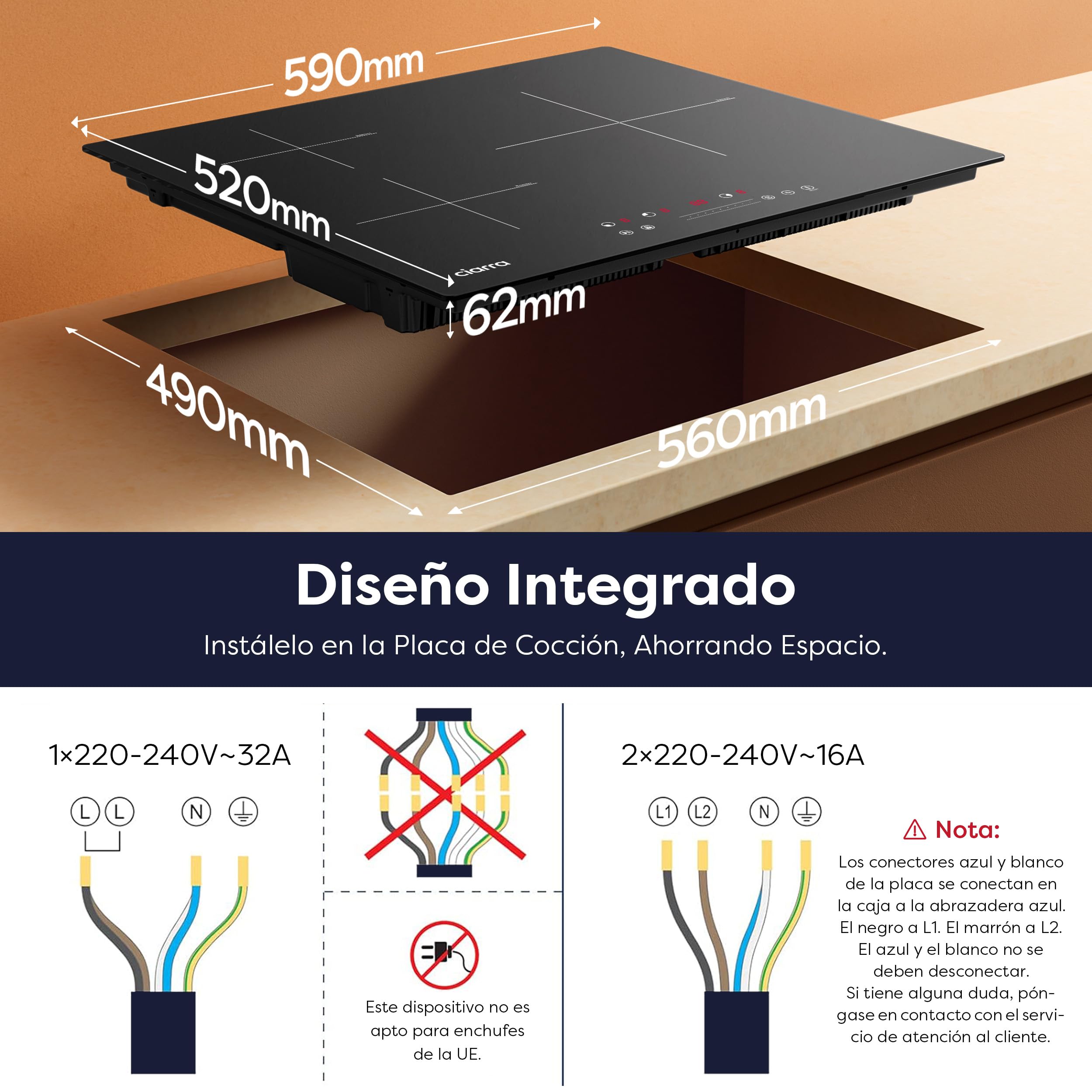 Ciarra Placa Induccion 3 Zonas 60cm Limitación de Potencia 2.8/3.6/6.6kW | Boost, Función Pausa, Bloqueo Infantil, Detector de Recipientes, Calor Residual, Apagado Automático