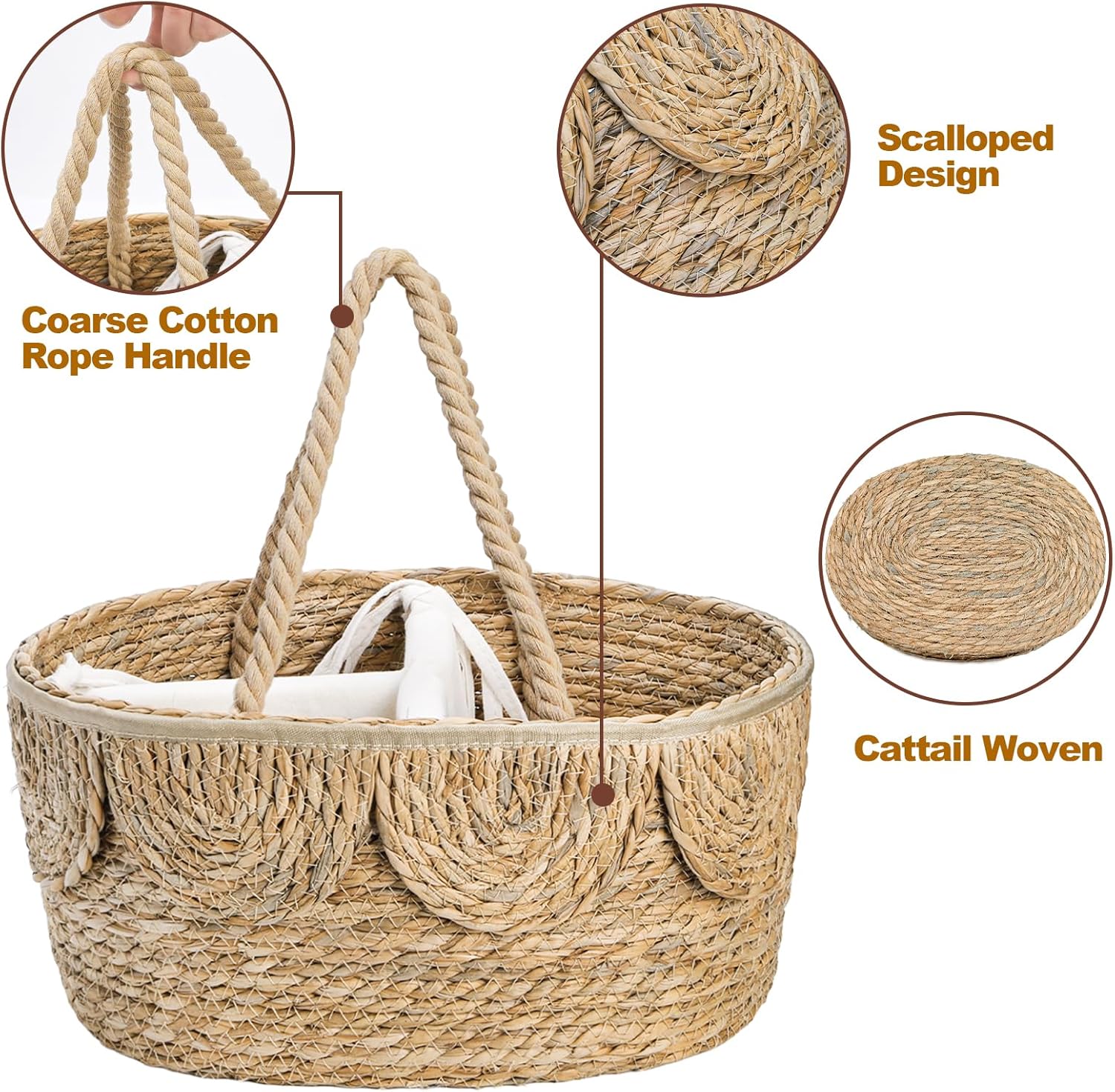 Lawei Little Diaper Caddy Organizer, Handwoven Natural Rush Grass Nursery Baby Basket with Removable Cotton Divider, Portable Rattan Diaper Storage Basket Bin for Changing Table, Baby Shower Gifts