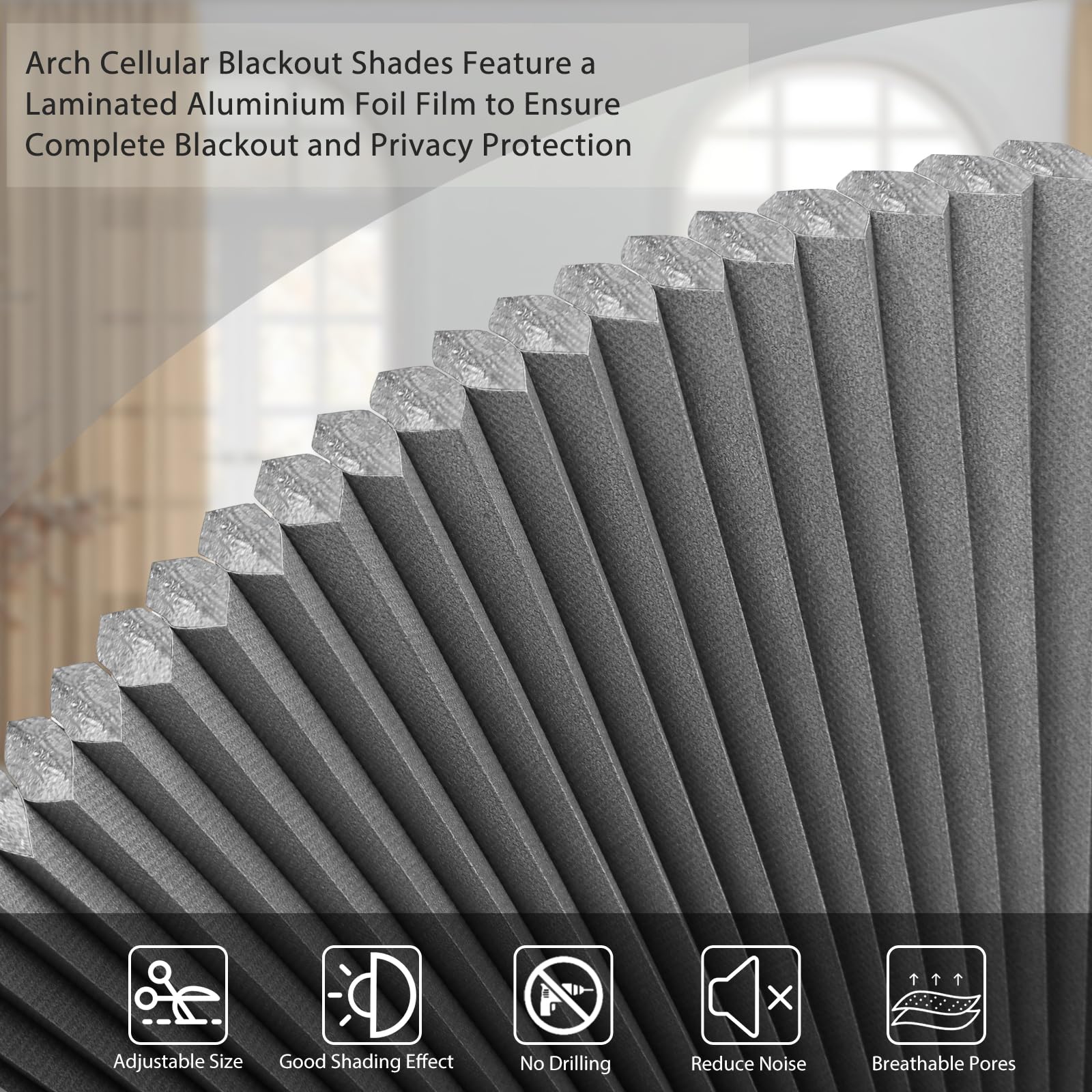 Arche occultant pour fenêtre, stores cellulaires à coller sans fil, sans perçage, en tissu de protection UV, isolation thermique, revêtement de fenêtre en demi-cercle, stores occultants pour chambre