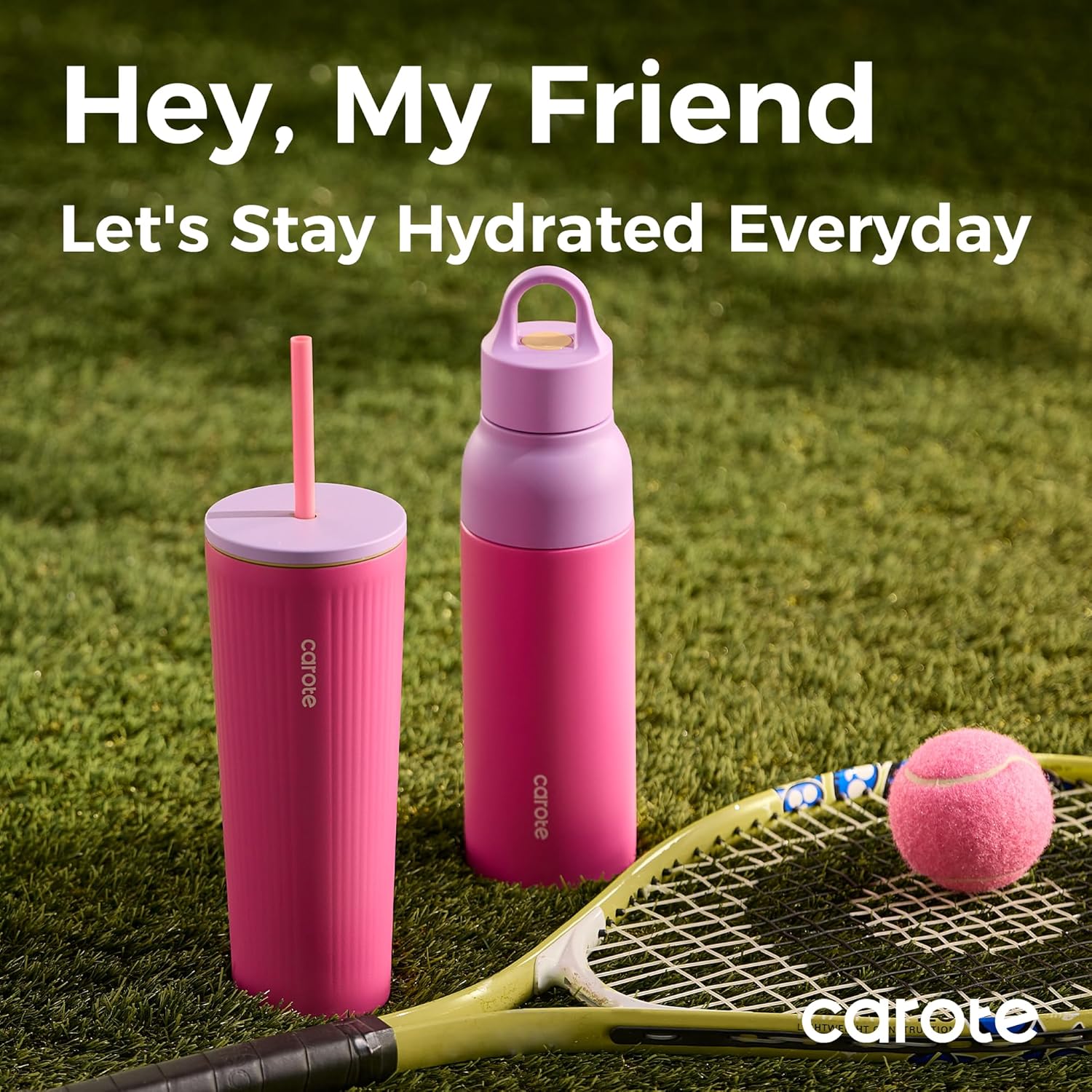 CAROTE 19 oz One-Click Open Insulated Water Bottle & 21 oz Tumblers with Lid and Straw, Double-Wall Insulated Stainless Steel, Leakproof Lid with Handle, Essential for Travel, School(Rose Pink)