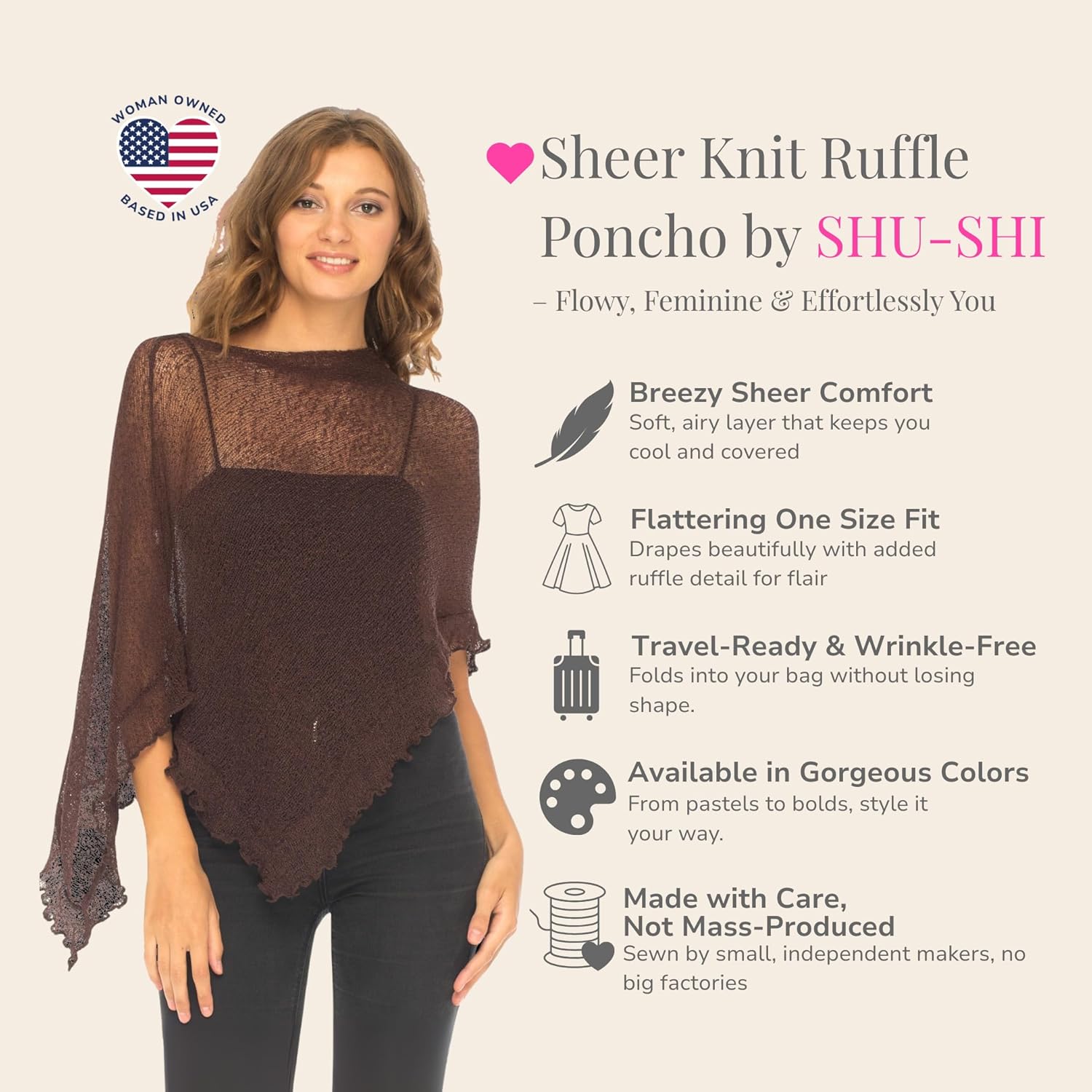 SHU-SHI Womens Sheer Poncho Shrug Lightweight Knit Ruffle Pullover Sweater Top - Image 2