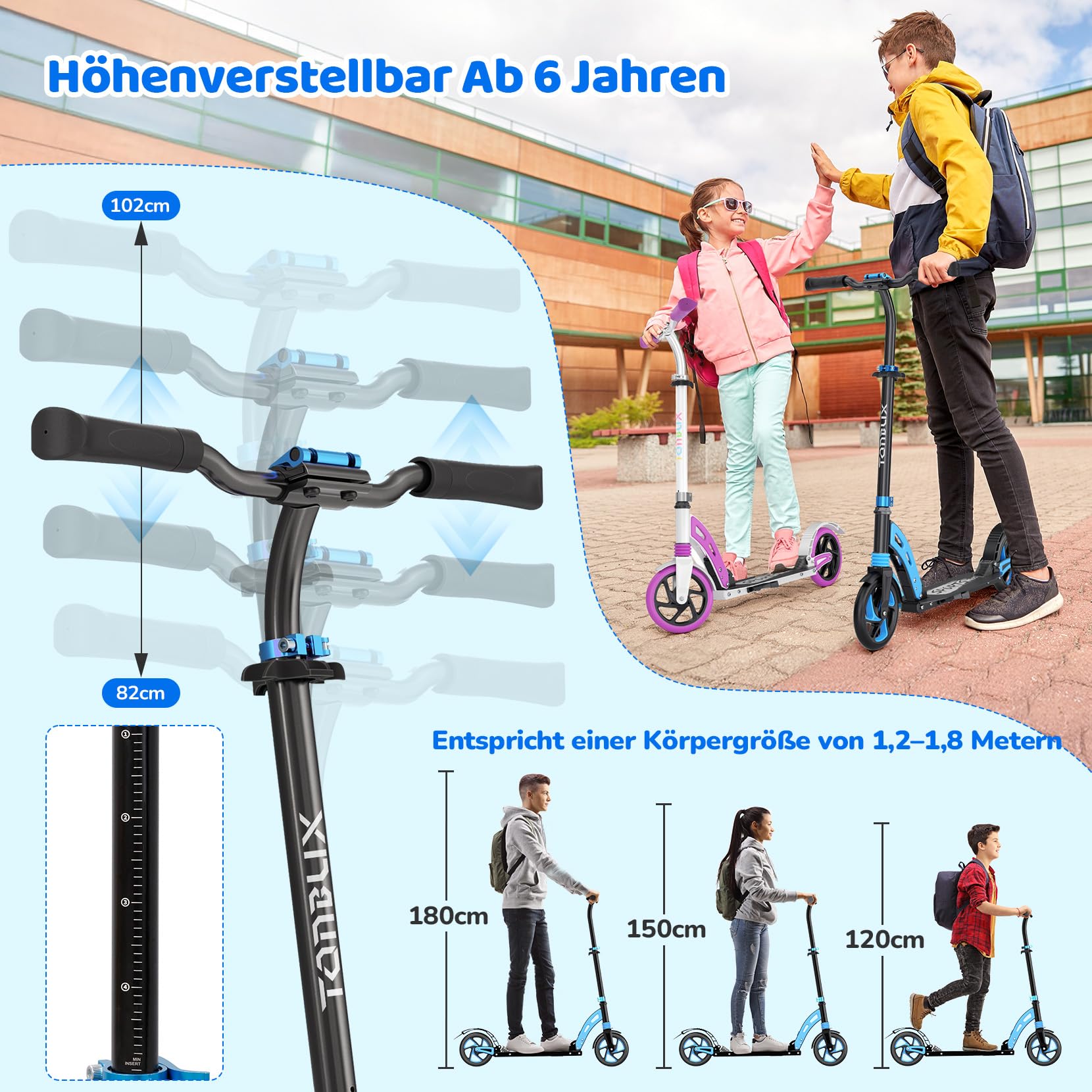TONBUX Roller Kinder 6 7 8 9+Jahre,Aluminium Scooter Erwachsene,Cityroller Doppeltes Federungssystem, Höhenverstellbar&Klappbar Tretroller,Kickscooter bis 100kg Belastbar