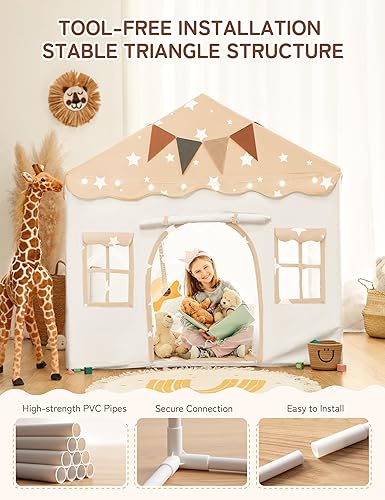 Miniatura 38 de Besrey Tienda de campaña para niños 2 en 1 con alfombrilla acolchada y luces, casa de juegos grande para niños con 2 puertas y 4 ventanas