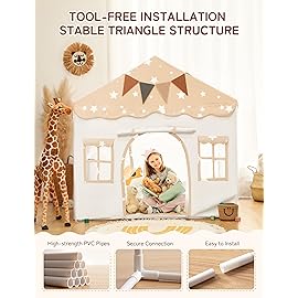 besrey Kids Play Tent 2 in 1 with Padded Mat and Lights, Large Kids Playhouse with 2 Doors & 4 Windows, Indoor & Outdoor, Christmas Toddler Tent, 51 x35 x 51 (White with Star)