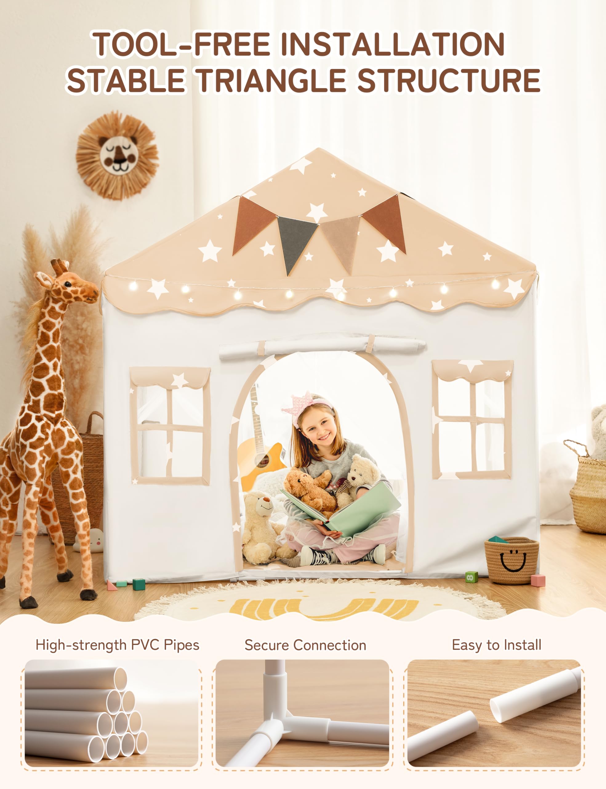 besrey 2 IN 1 Kinderzelt, Kinder Spielhaus Indoor mit Matte und Lichtern, Kinder Bettzelt,Spielzelt für Drinnen,Prinzessin Zelt, Kinderspielhaus, ab 3 Jahre mit Sternenmuster