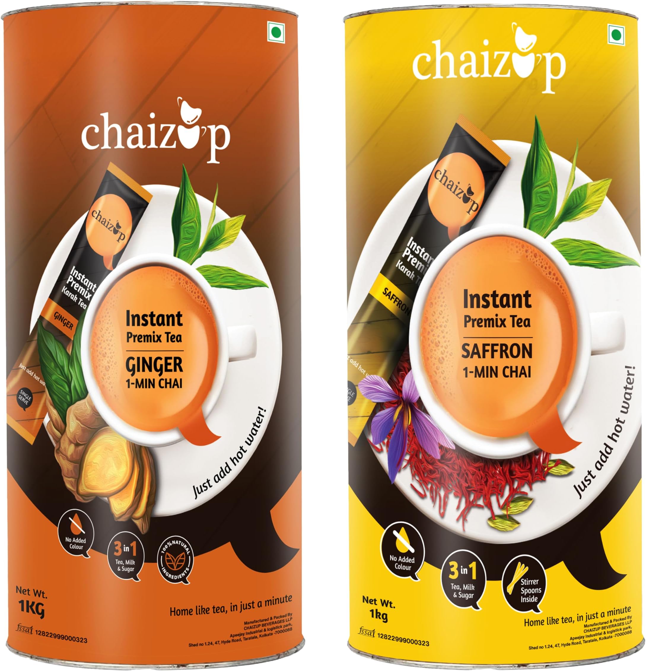 Chaizup Premium 1 Min Instant Assorted Tea Pack - 1kg Cans (Pack of 2) | Saffron & Ginger Flavours | Approx. 144 Servings | 2kg
