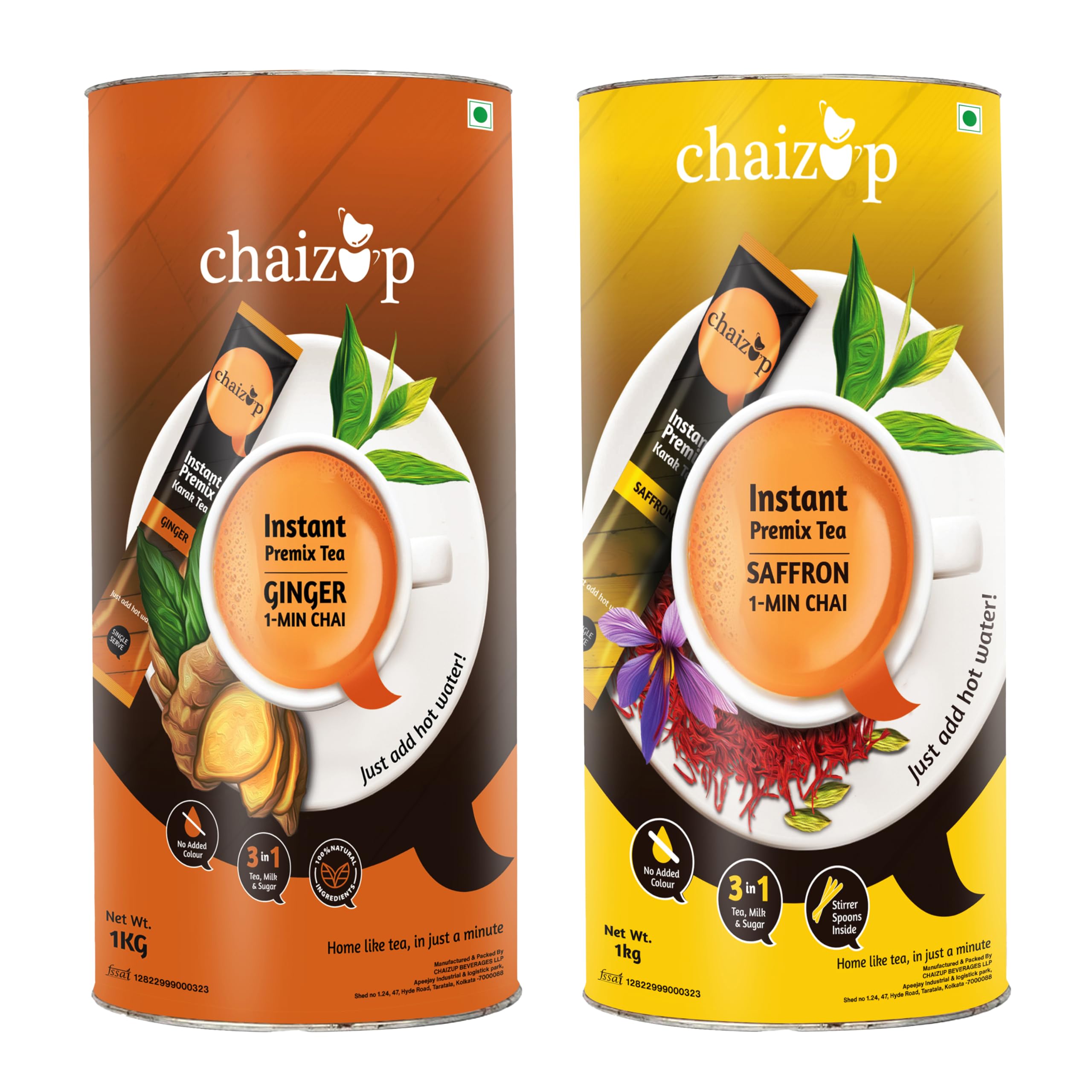 Chaizup Premium 1 Min Instant Assorted Tea Pack - 1kg Cans (Pack of 2) | Saffron & Ginger Flavours | Approx. 144 Servings | 2kg