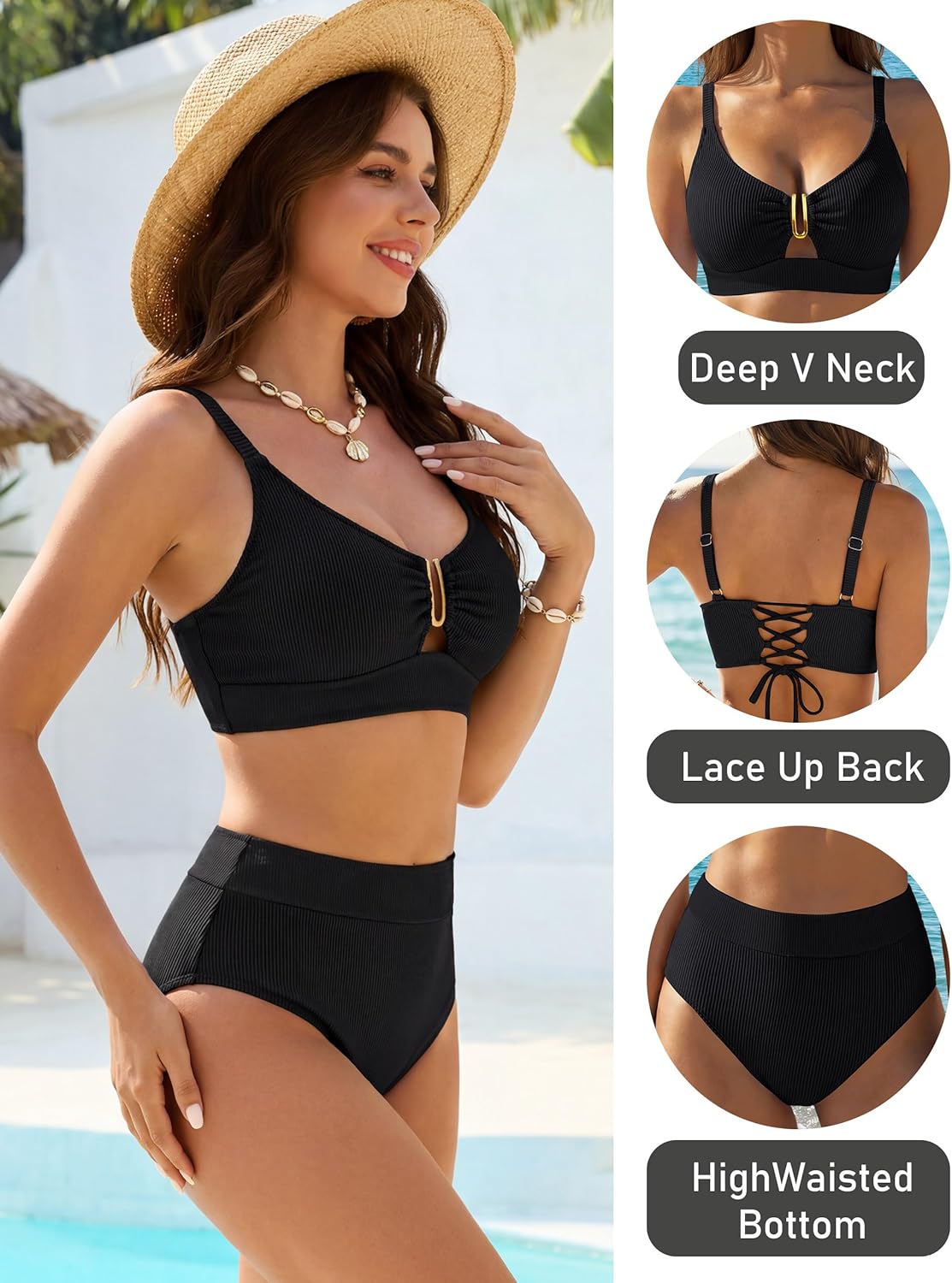 BMJL Womens High Waisted Bikini Sets Ribbed Two Piece Swimsuit V Neck Cutout Lace Up Back Bathing Suit 2026 Summer
