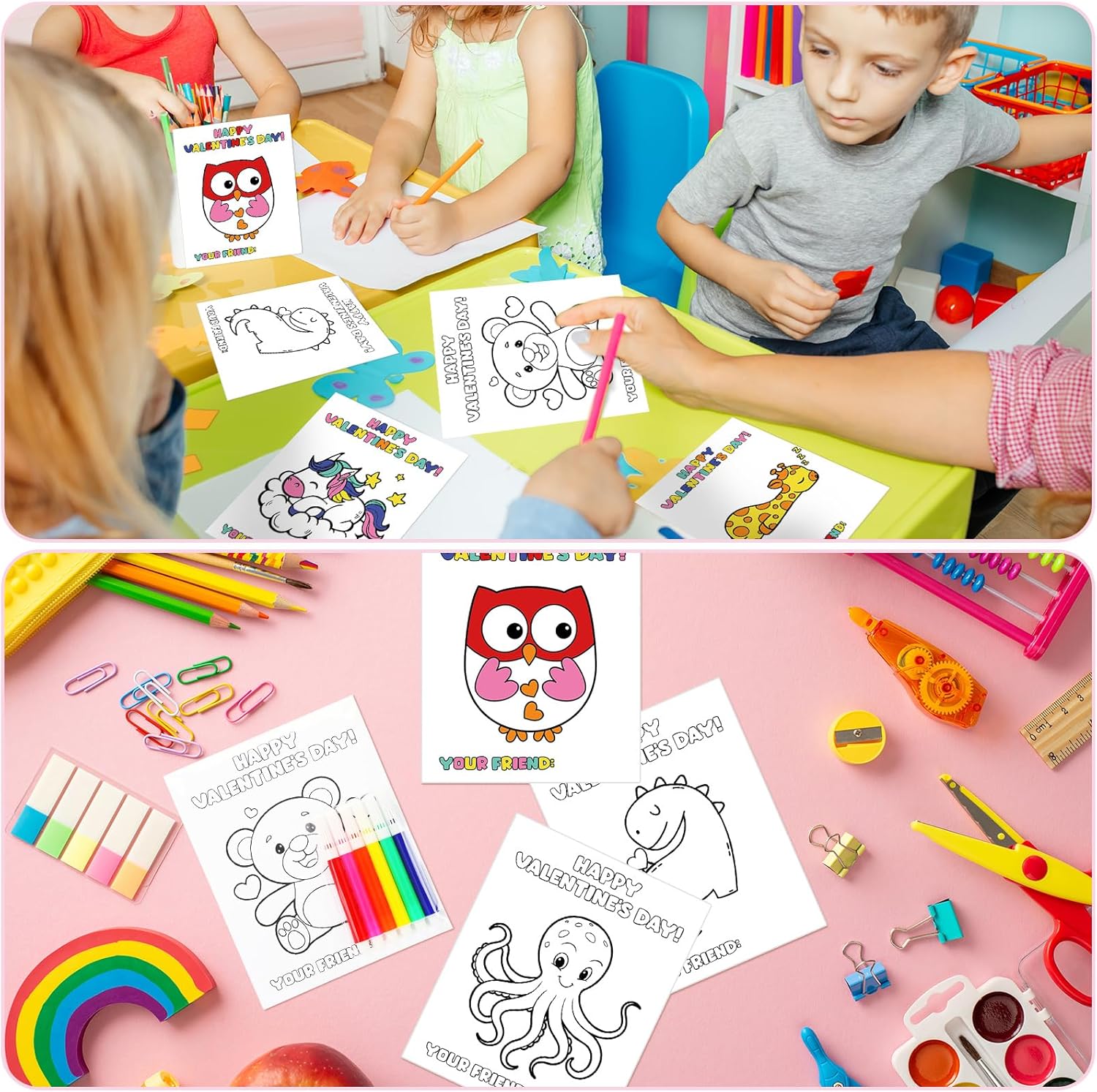 24 Pcs Valentines Day Gifts Card for Kids Doodle Cute Coloring Valentines Classroom Gift Exchange Card Craft with Color Pen for Children Valentine Goody Bag Filler Party Gift School DIY Event