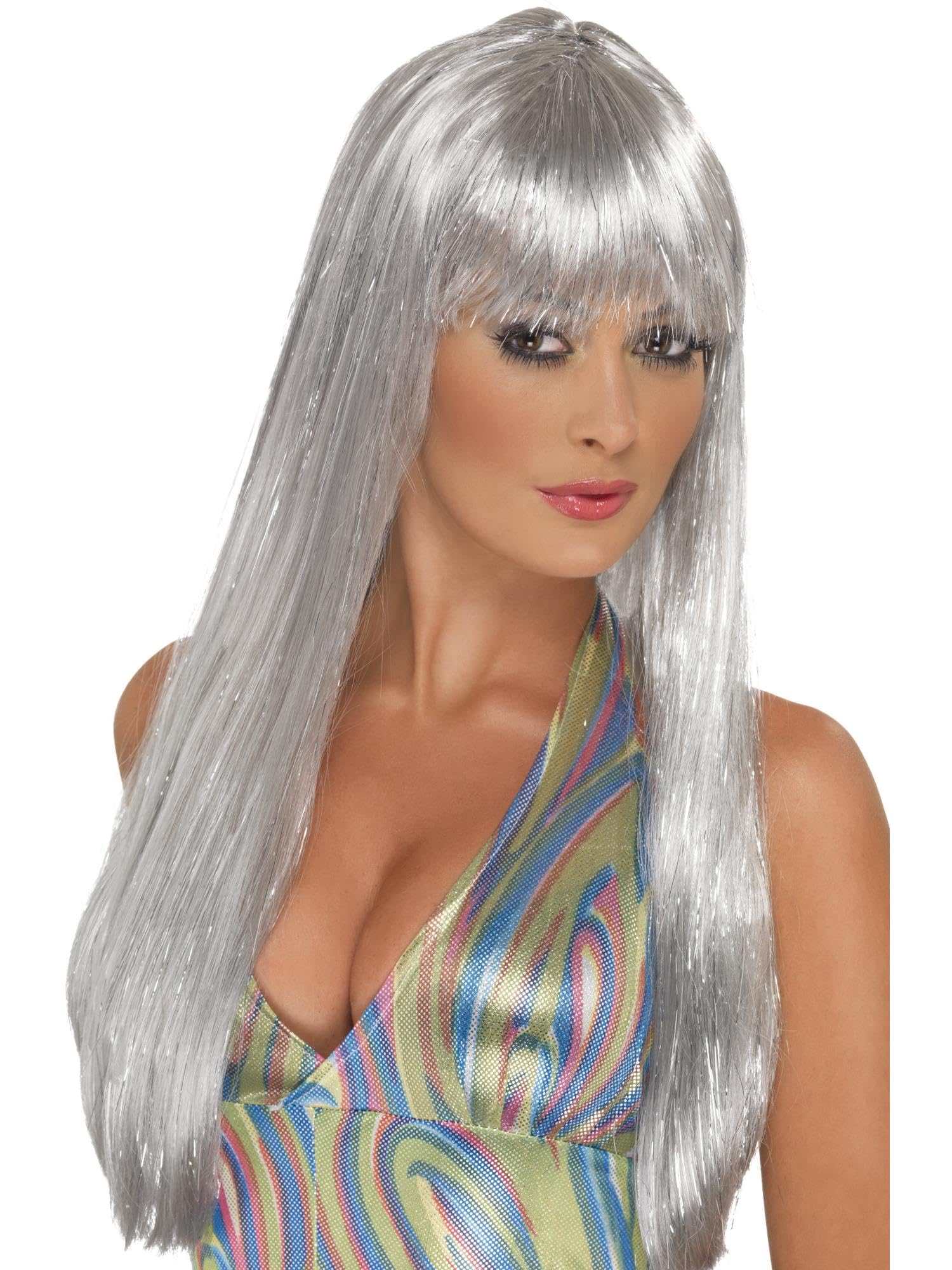 Smiffys Glitter Disco Wig, Silver Long Straight with Fringe, 1970's Disco Fancy Dress, Adult Dress Up Wigs Halloween