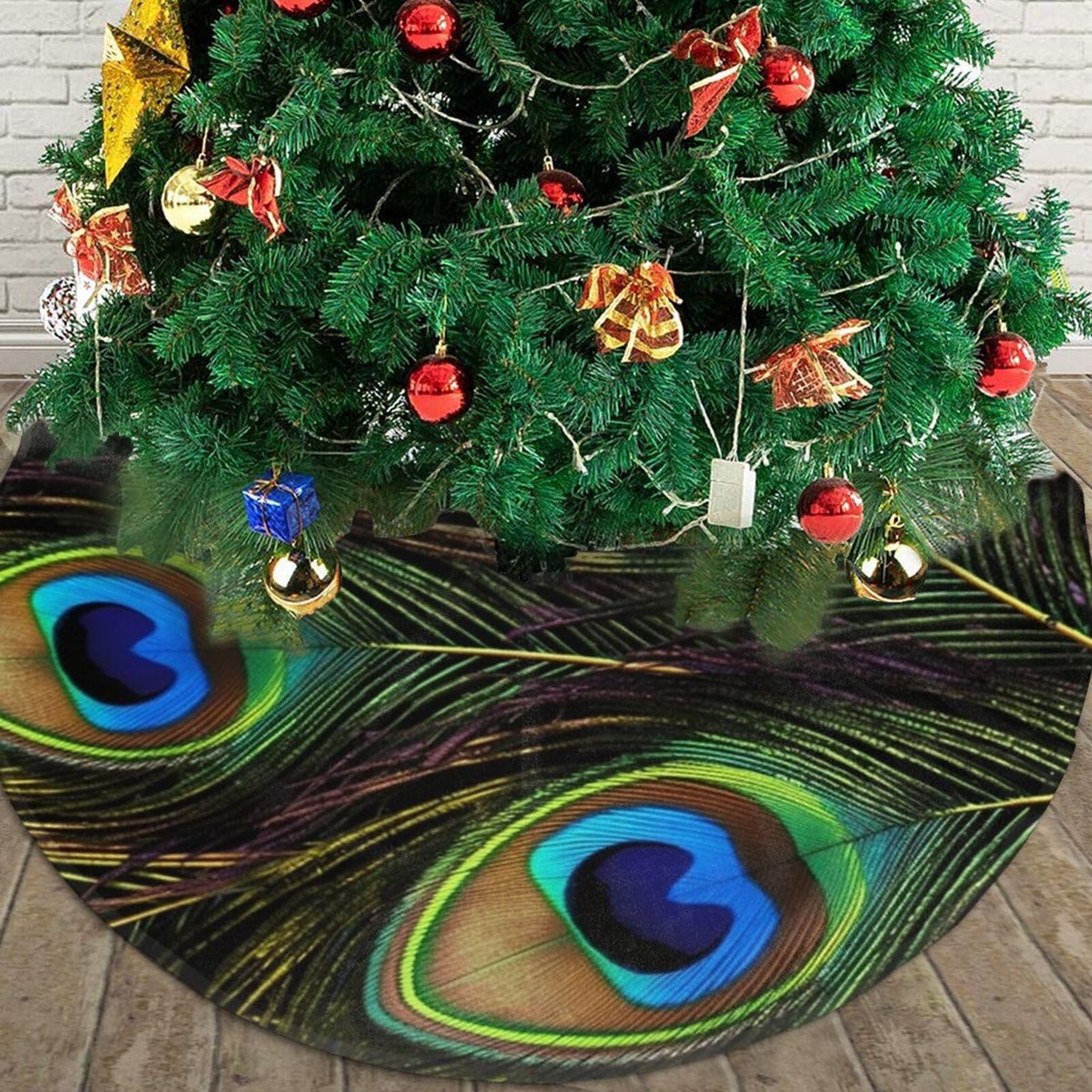 Peacock Feathers Christmas Tree Skirt 48" Plush Soft Artificial Tree Mat Cover Merry Christmas Xmas Tree Skirt for Christmas Decoration Holiday Indoor Outdoor Winter Party Decor
