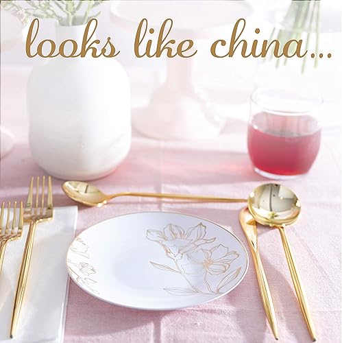 Miniatura 4 de Plasticpro - Platos de fiesta con diseño floral de plástico blanco con borde dorado, platos desechables pesados, elegantes y de alta calidad