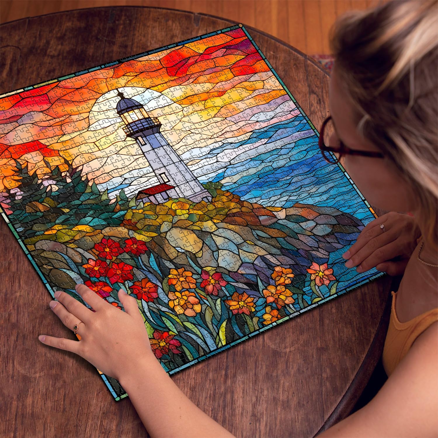 Stained Glass Lighthouse Puzzles for Adults 1000 Piece, Mosaic Beach Puzzle Hard, Impossible Difficult Challenging Puzzles, Lighthouse Scenic Jigsaw Puzzles
