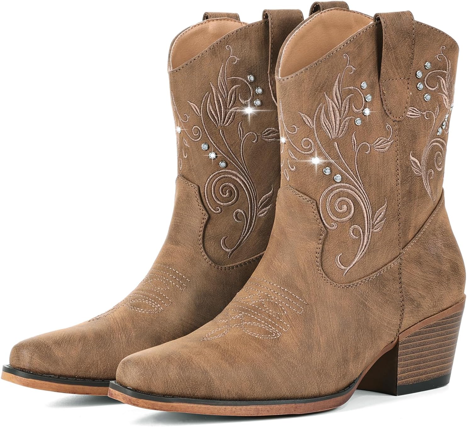 IUV Cowboy Boots for Women Ankle Cowgirl Boots with Embroidered Rhinestone Decor Chunky Heel Snip Toe Classic Western Wide Booties