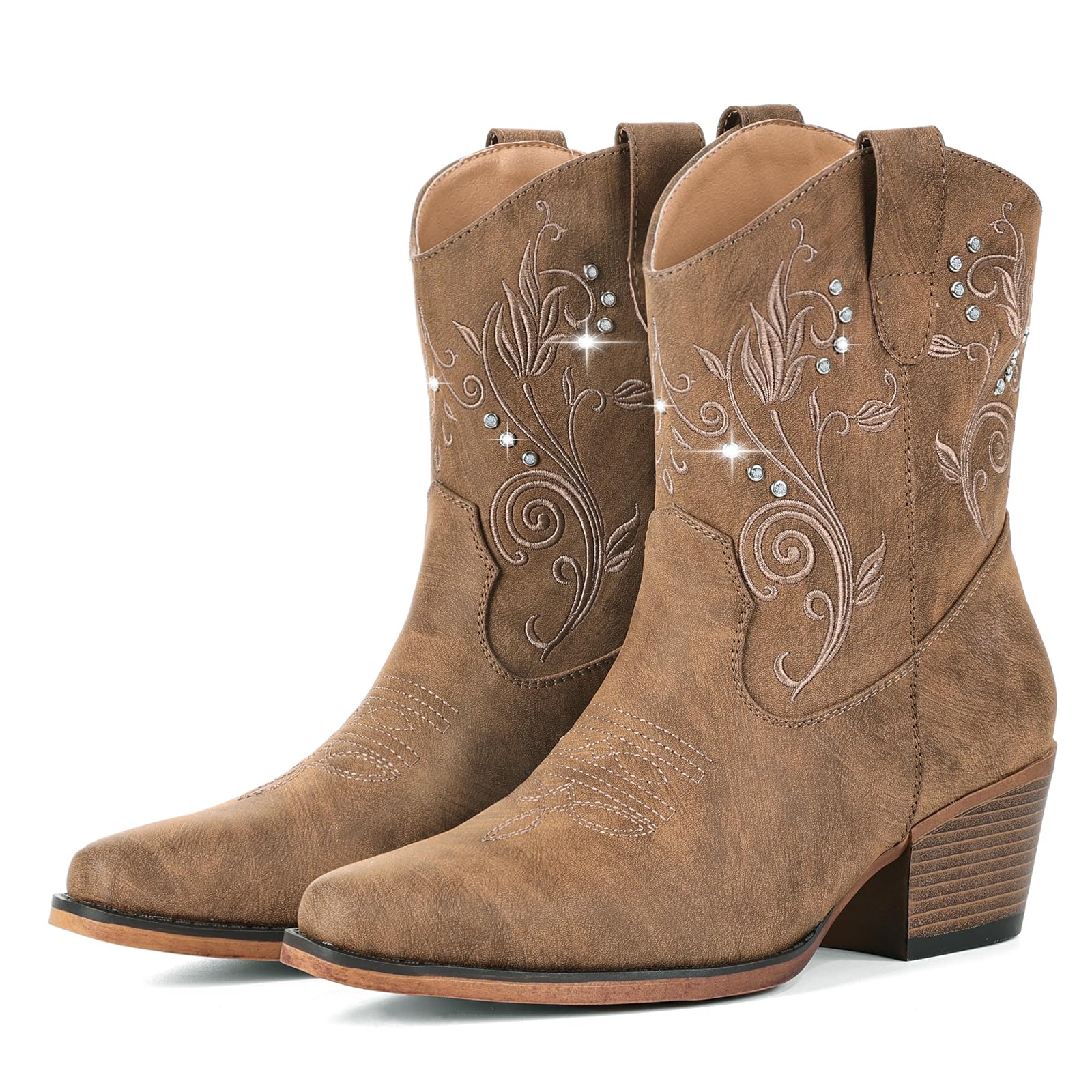 IUV Cowboy Boots for Women Ankle Cowgirl Boots with Rhinestone Decor