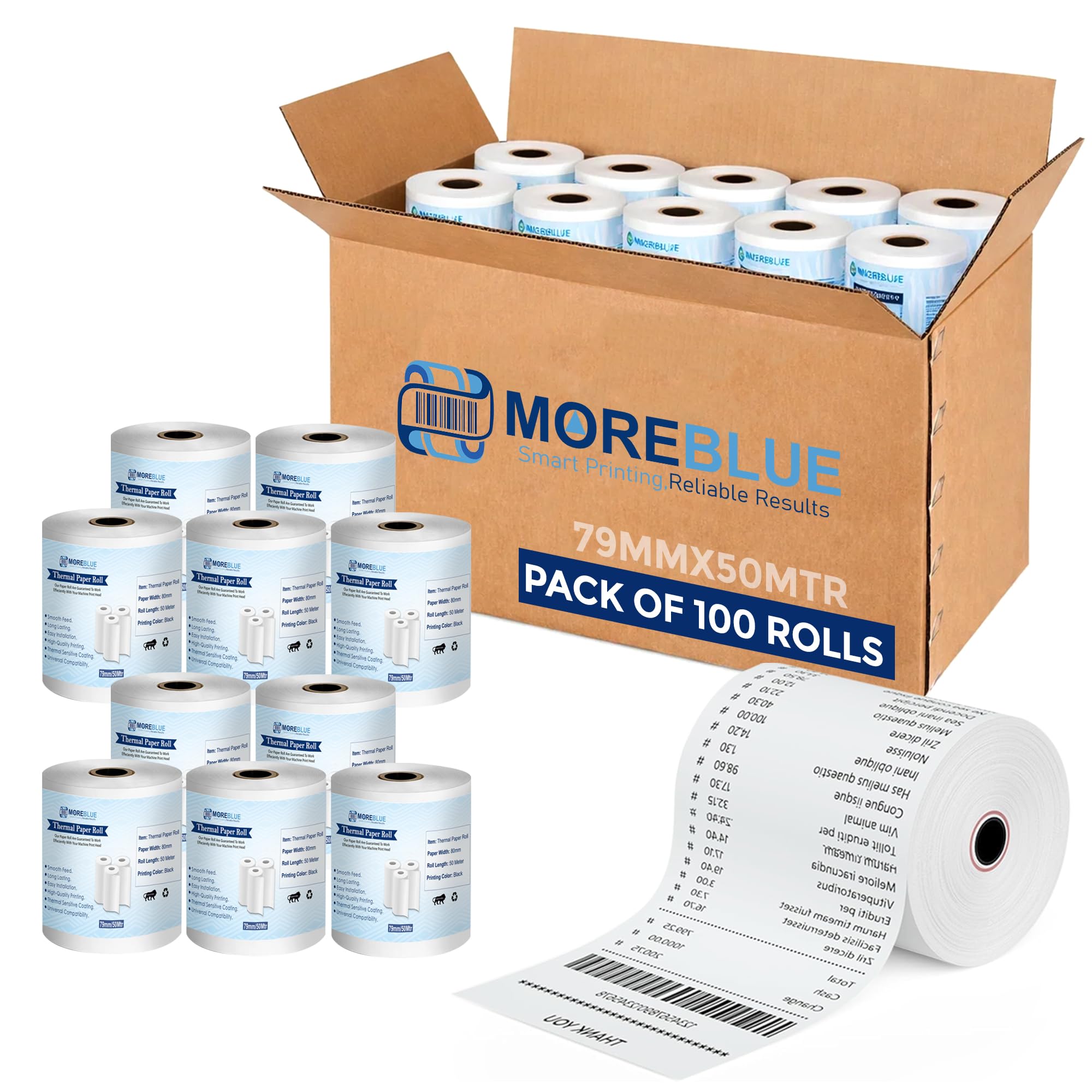MOREBLUE® 79mm 50m POS Thermal Paper Rolls Pack of 100, Smooth Print Billing Paper for Credit Card & Billing Machines