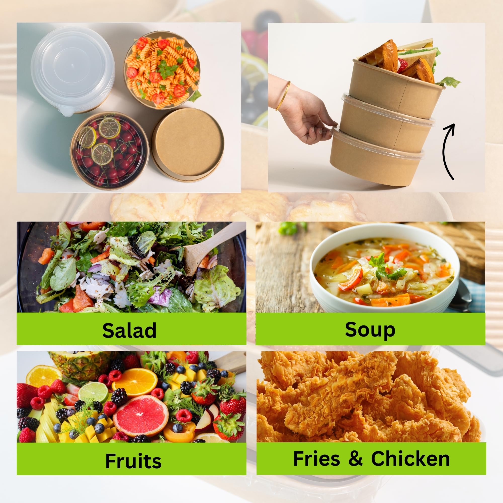 Cuencos de papel redondos desechables de 48 onzas, extra grandes, 50 juegos, caja de contenedores de alimentos para preparación de comidas con tapas y tenedores, cuencos de ensalada a prueba
