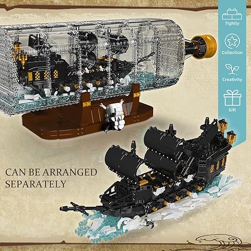 Miniatura 2 de Mould King 10065 Drift Bottle con juego de bloques de construcción de barco perla negra, modelo de barco pirata en botella, kit de construcción con