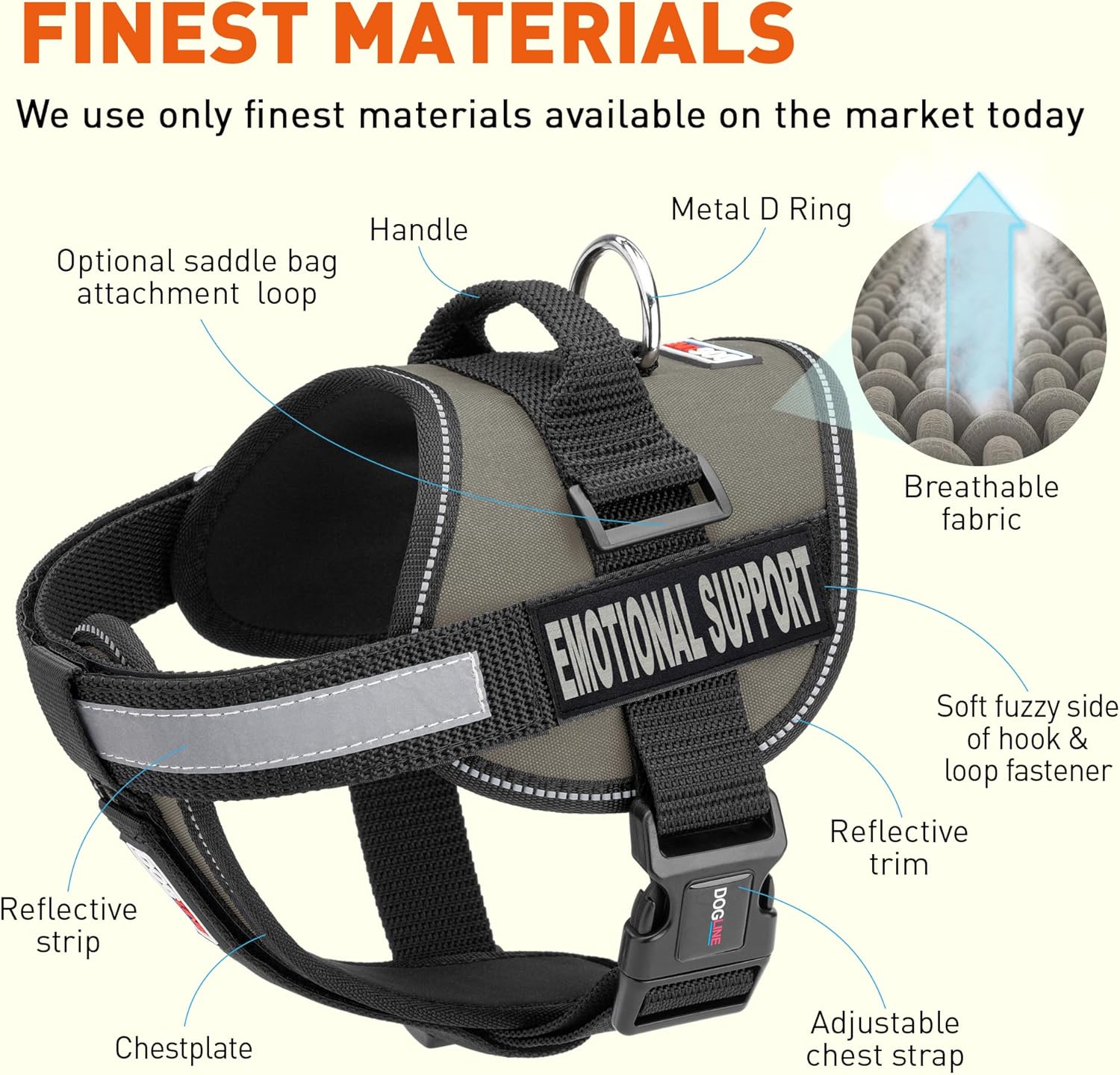 Dogline Unimax Dog Harness Vest with Emotional Support Patches Reflective No-Pull, Adjustable Straps, Breathable Neoprene for Medical, Service, Identification and Training Dogs Girth 18 to 25" Gray