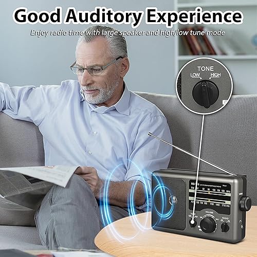 Miniatura 5 de Greadio Radio transistor de radio portátil AM FM con conector de auriculares de 0.138 in, modo de tono alto/bajo, altavoz grande, alimentación de CA