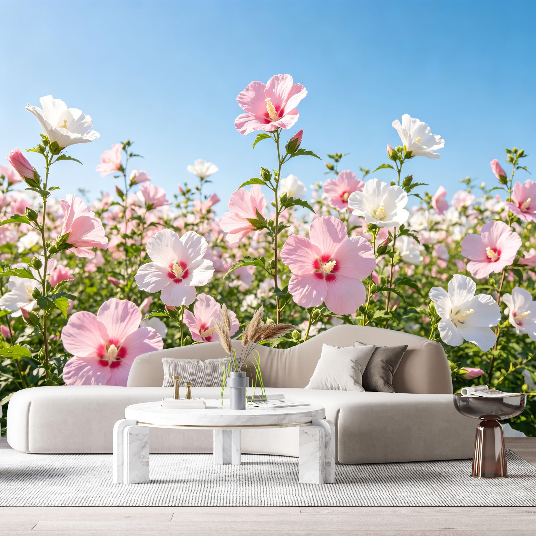 Custom Size Wall Murals Pink White Hibiscus Flowers Botanical Blue Sky Background SelfAdhesive Wall Fabric Removable Large Wallpaper for Photo Living Room