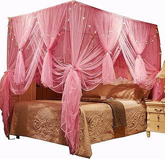 Canopy Bed Curtains,Bed Canopy Curtains 4 Corner Bed Drapes Sheer Curtains for Bedroom Decor (Pink,Queen)