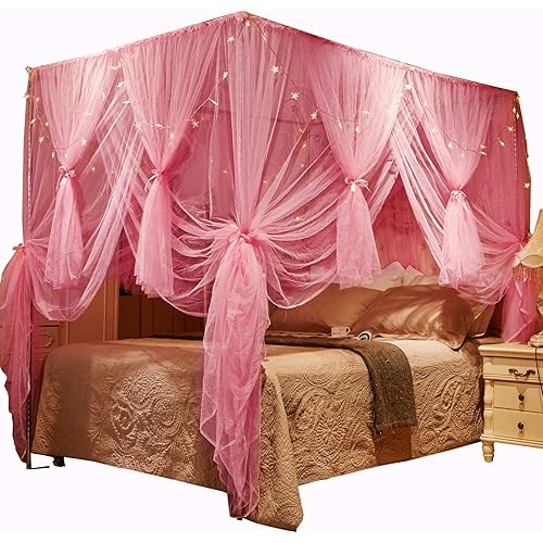 Nattey 4 Corners Post Canopy Bed Curtain for Girls Boys & Adults - 4 Opening - Bedroom Decoration (Twin, Pink)