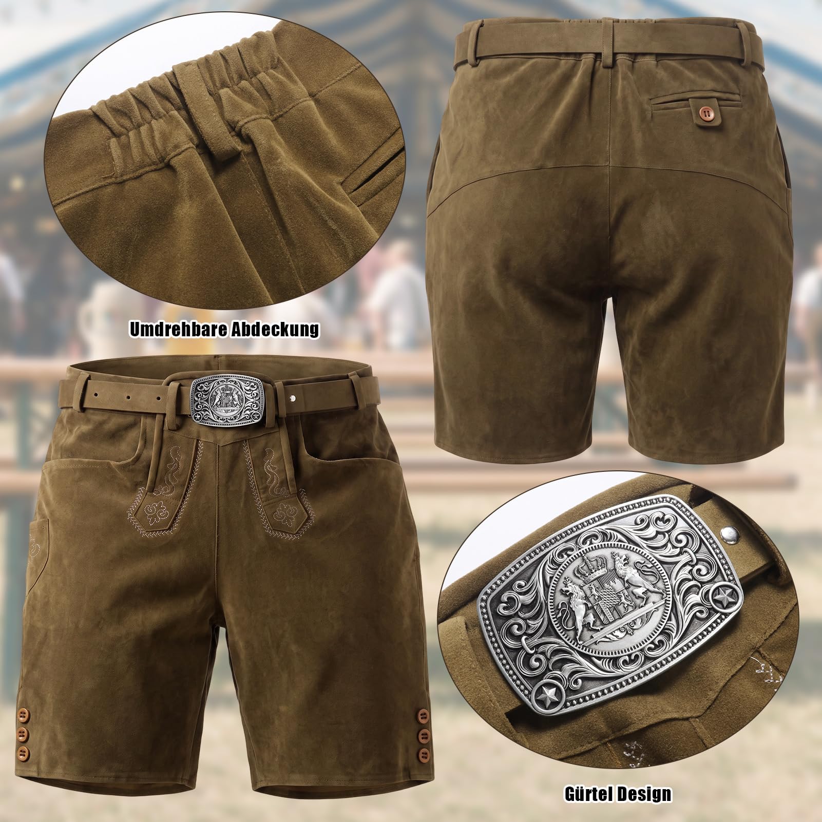 Lederhose Herren Kurz mit Trachtengürtel, Oktoberfest Outfit Trachtenlederhosen für Herren