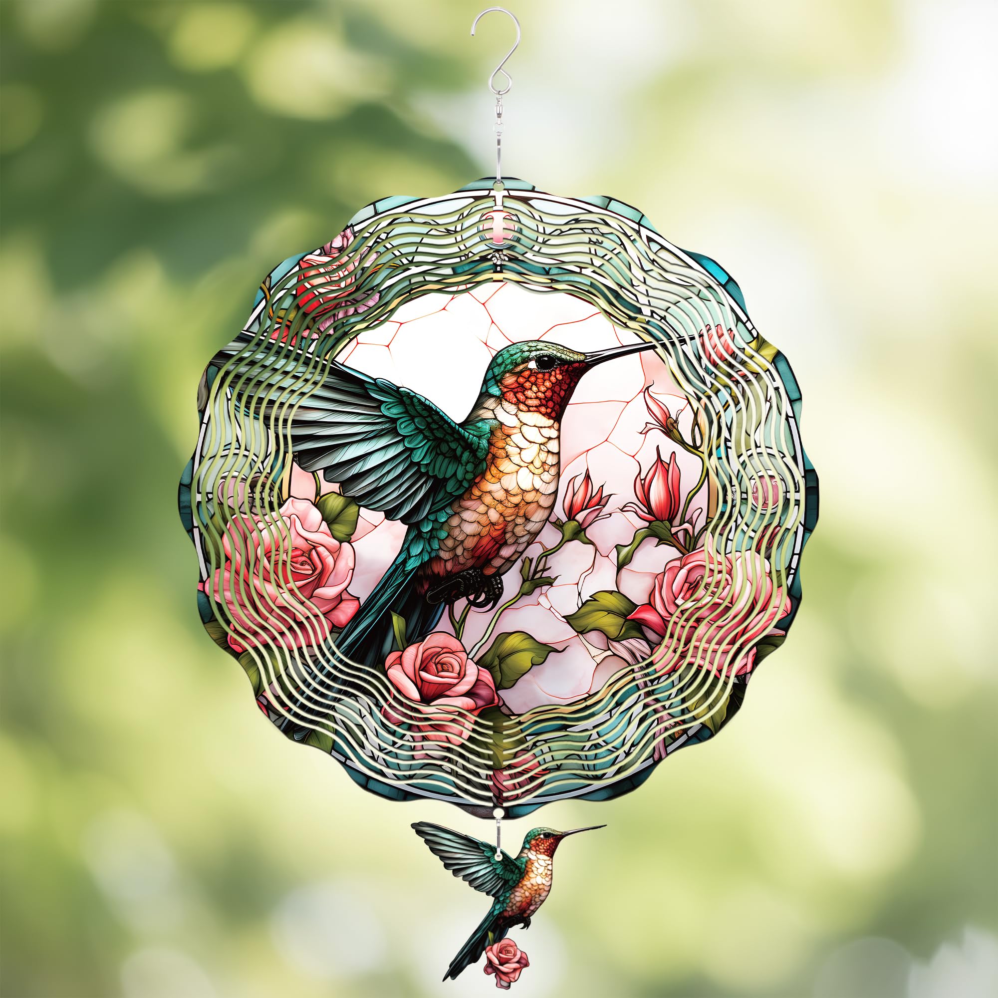 Hummingbird Hanging Wind Spinner - 3D Birds Metal Spinning Decor