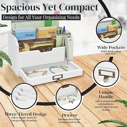 Miniatura 4 de Flexzion Organizador de escritorio de madera de 3 niveles - organizador de correo rústico campestre, compartimentos para encimera, bandeja de