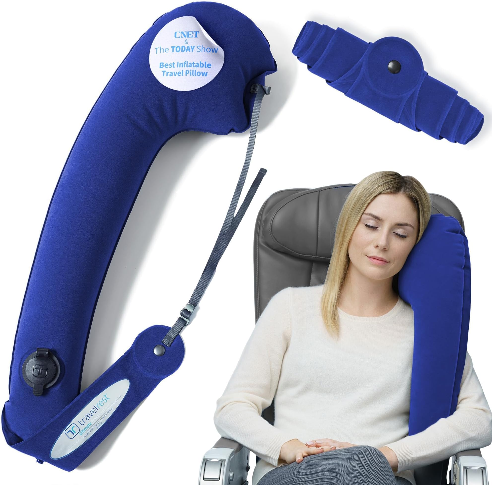 Ultimate Travel Pillow & Body Pillow - Headrest, Auto, Bus, Train, Office Napping, Camping, Wheelchairs, Comfort and Support, Rolls Up, Straps to Airplane Seat & Car - Blue