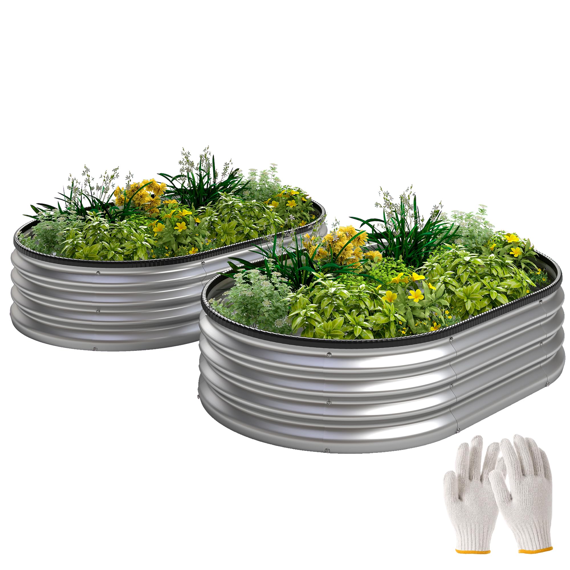 Outsunny Jardinière surélevée en métal, lot de 2, 135 x 90 x 30 cm, ovales, fond ouvert, bandes en caoutchouc, bordure de sécurité, gants, kit modulaire, jardinière surélevée pour légumes, fruits,