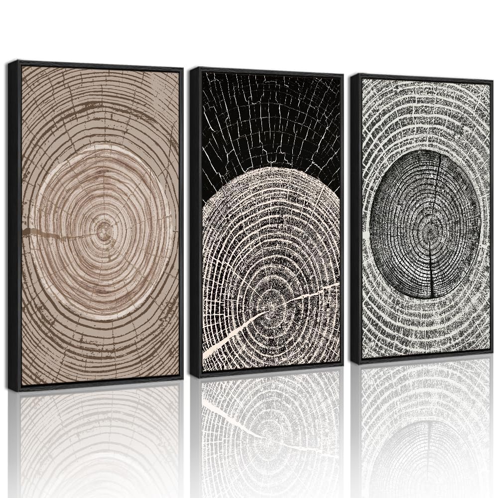 phopago vintage wood tree rings wall art large 16x24in farmhouse rustic framed canvas paintings living room bedroom decor nature artwork black framed