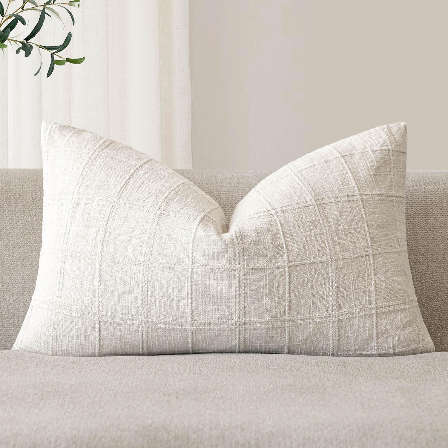 Foindtower Set of 1 Decorative Linen Check Throw Pillow Cover Neutral Farmhouse Lumbar Cushion Cover Modern Boho Home Decor for Sofa Chair Couch Bedroom Living Room Outdoor,12×20 Inch,Cream White
