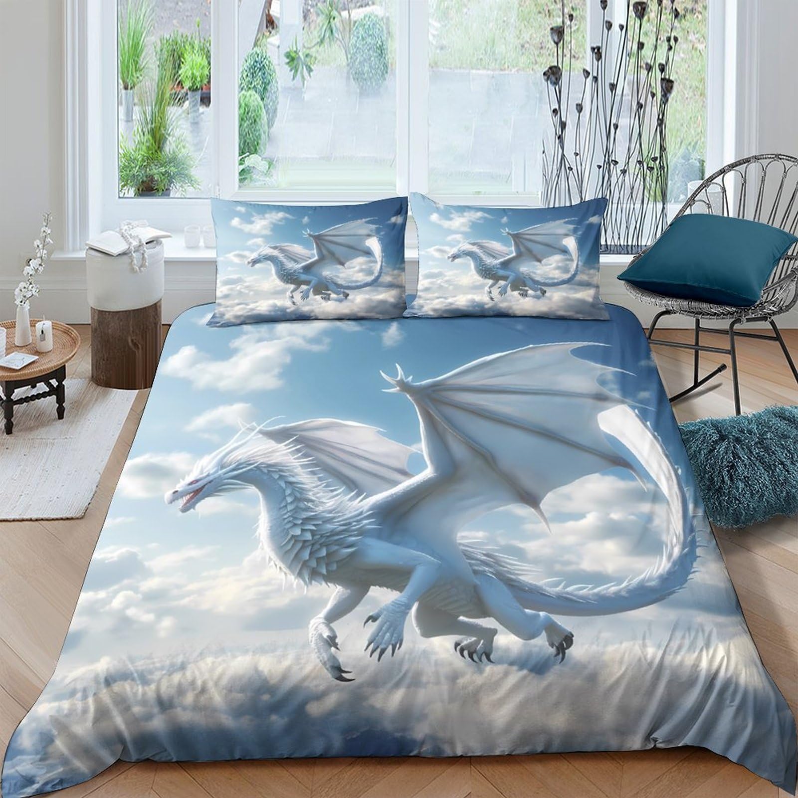 GPLZQXKJNH 3D Printed White Dragon Sky Duvet Cover Microfiber Soft Breathable Fantasy Bedding Set with 2 Pillowcases for Bedroom Decor Single（135x200cm）