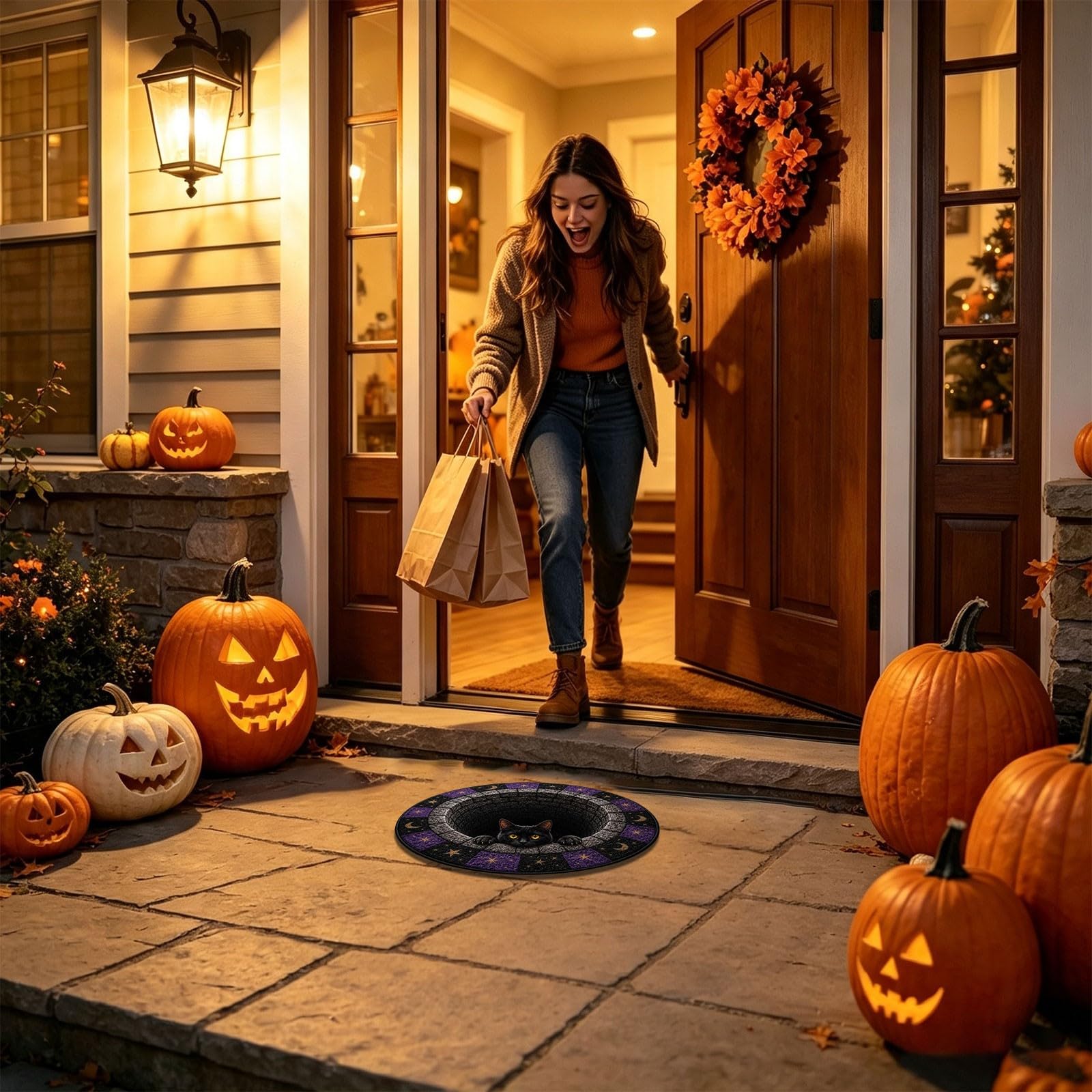 Halloween Teppich 3D Optische Täuschung Rund, Deko Zimmer Fußmatte