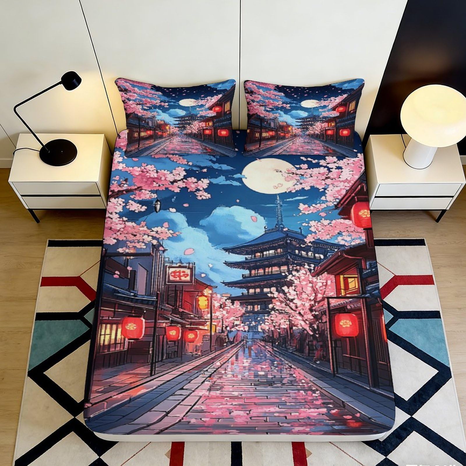 Pnayamiorkfel Style-6 3D Printed Sakura Night Street Fitted Sheet Microfiber Soft Easy Care Japanese Pagoda Mattress Cover Bedroom Decor 90X200x25cm