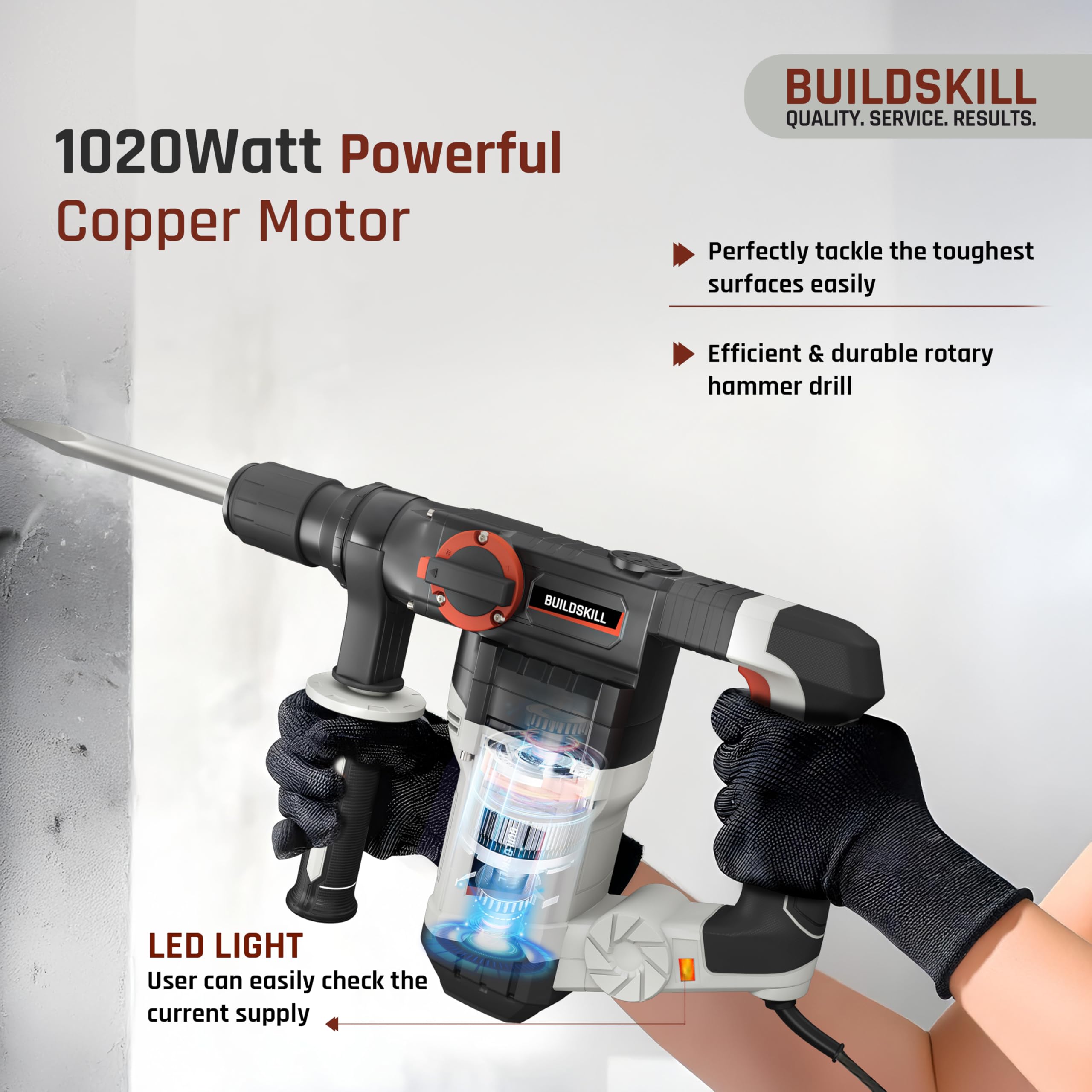 BUILDSKILL Rotary Hammer Drill Machine Heavy Duty -1020W Copper Motor | 10.2J Impact Energy | LED Light | 26mm SDS Plus Chuck | 2 Modes - Hammer & Hammer Drill | 1 Flat, 1 Pointed, 3 Drill Bits & Case