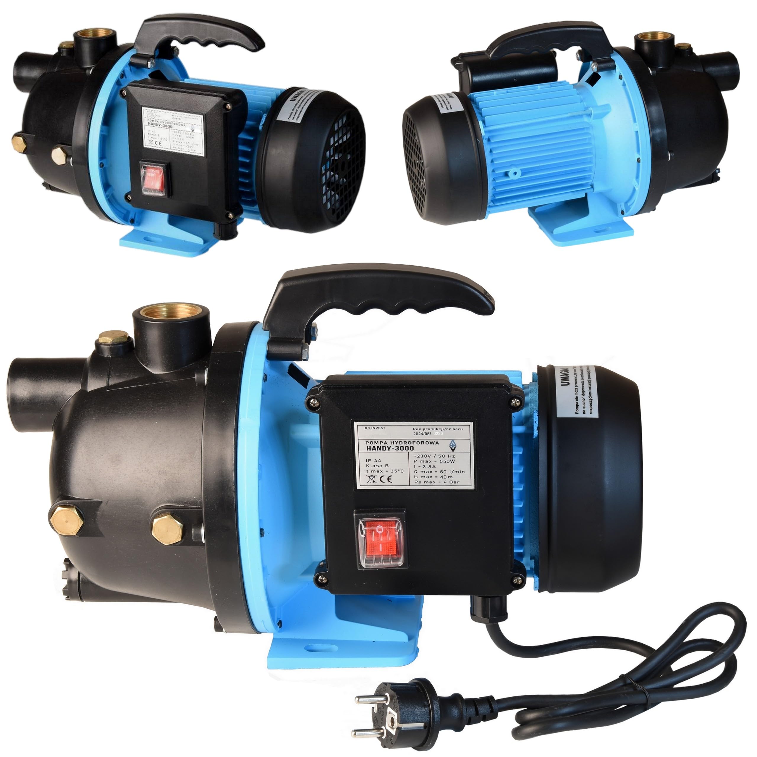 Pompa Wodna HANDY 3000 Ogrodowa Przenośna Hydroforowa 550 W, 3000 l/h do Wody Domu Nawadniania Ogrodu