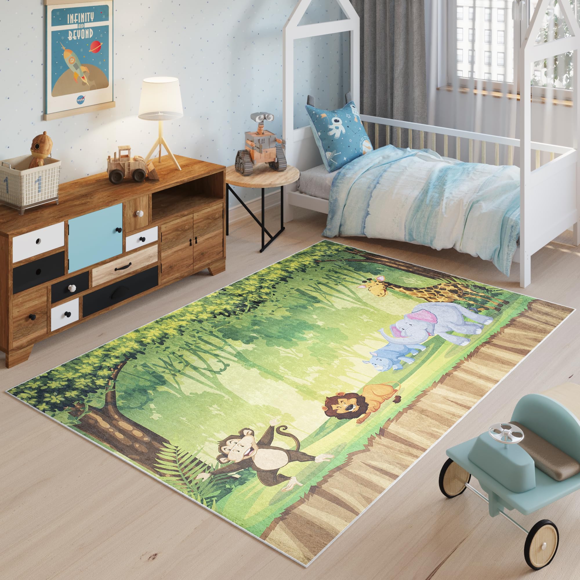 TAPISO Emma Alfombra Antideslizante Sin Pelo Animales Selva Multicolor Diseño Moderno Patrón Impreso Alfombra de Habitación Infantil Juvenil Dormitorio de Niño Bebé 80 x 150 cm