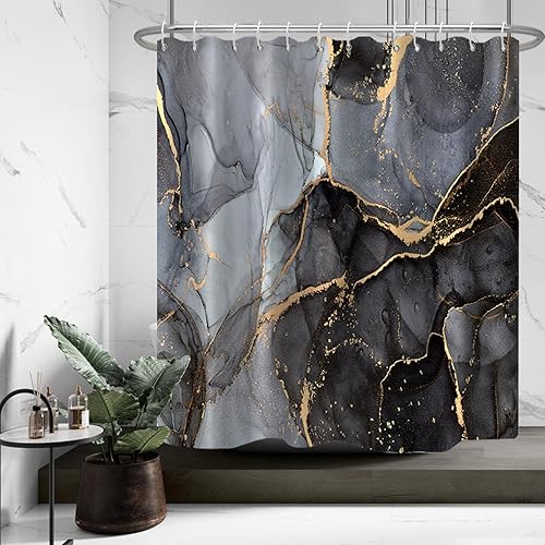 Miniatura 18 de Cortina de ducha de mármol gris impermeable de tela con ganchos, decoración de baño, 72 x 72 pulgadas Gris,Azul,Mármol negro,Marrón,Mediados de