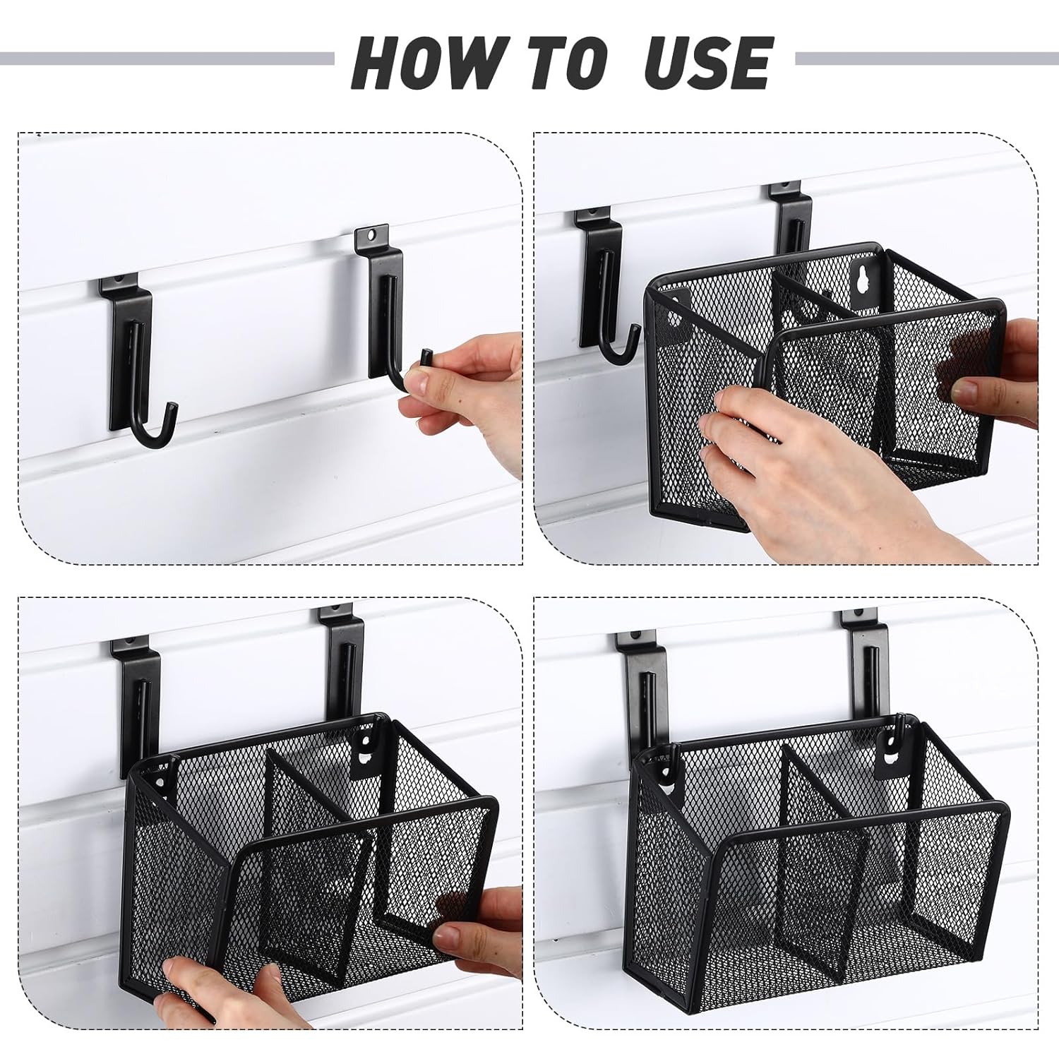 4 Set Slatwall Bins with Hook Black Metal Slatwall Cup Pencil Mesh Wire Holder Slat Wall Accessories for Organizing Various Tools, Garage Workshop Office Paintbrushes Pegboard Home