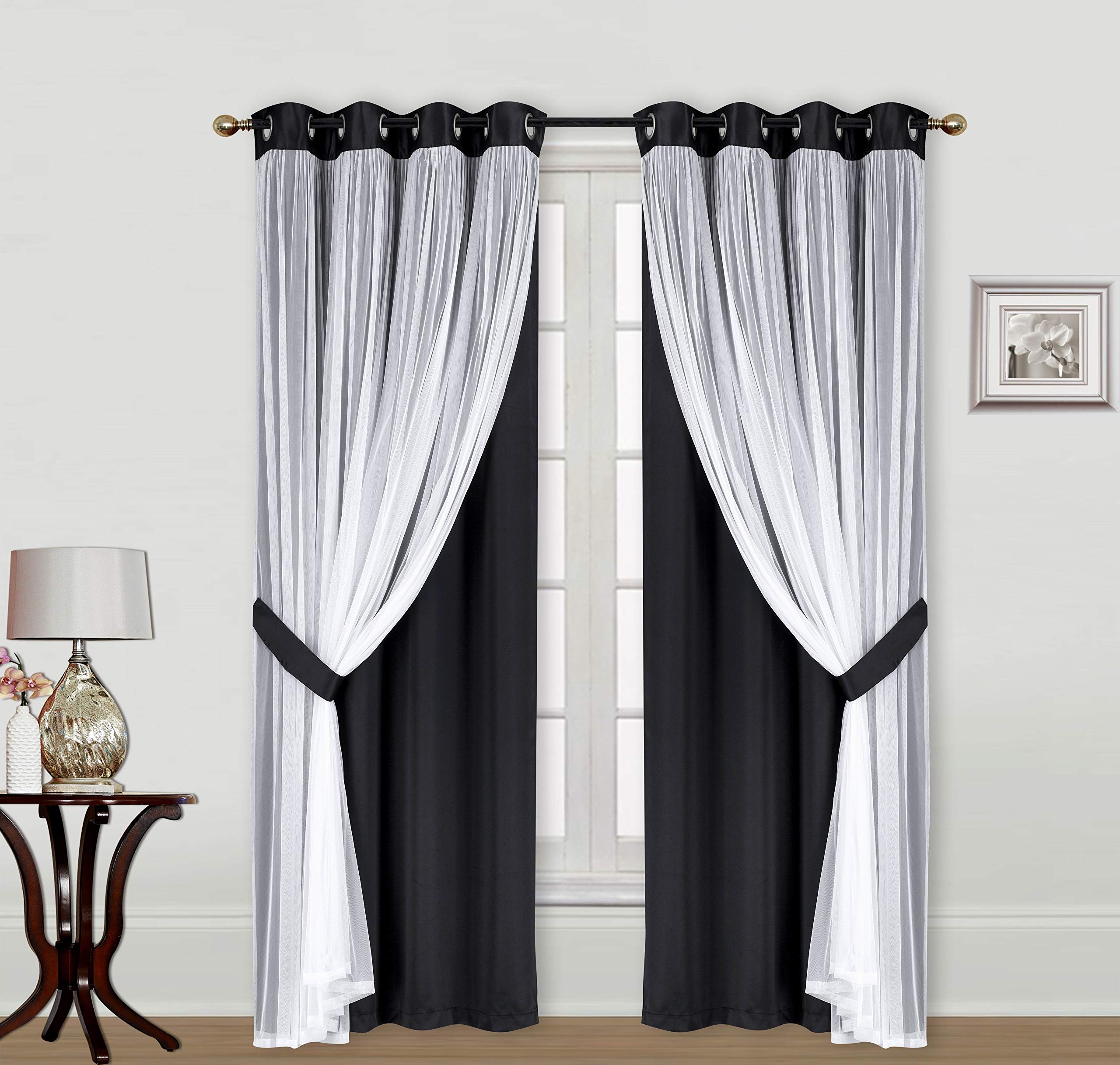 ECM. Catarina Layered Solid Blackout and Sheer Window Curtain Panel Pair with Grommet Top 2 Layered (Black, 2PC 52" x 108")