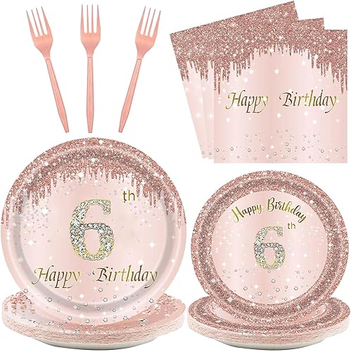 24 juegos de decraciones de fiesta de cumpleaños de 10 años de oro rosa para niñas, platos y servilletas, tenedores, suministros de fiesta para