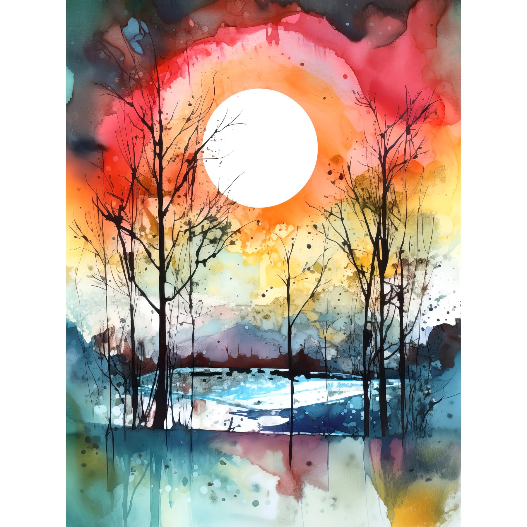 Artery8 Abstract Sunset Landscape Watercolour Painting Countryside Lake Autumn Trees Large Wall Art Poster Print Thick Paper 18X24 Inch