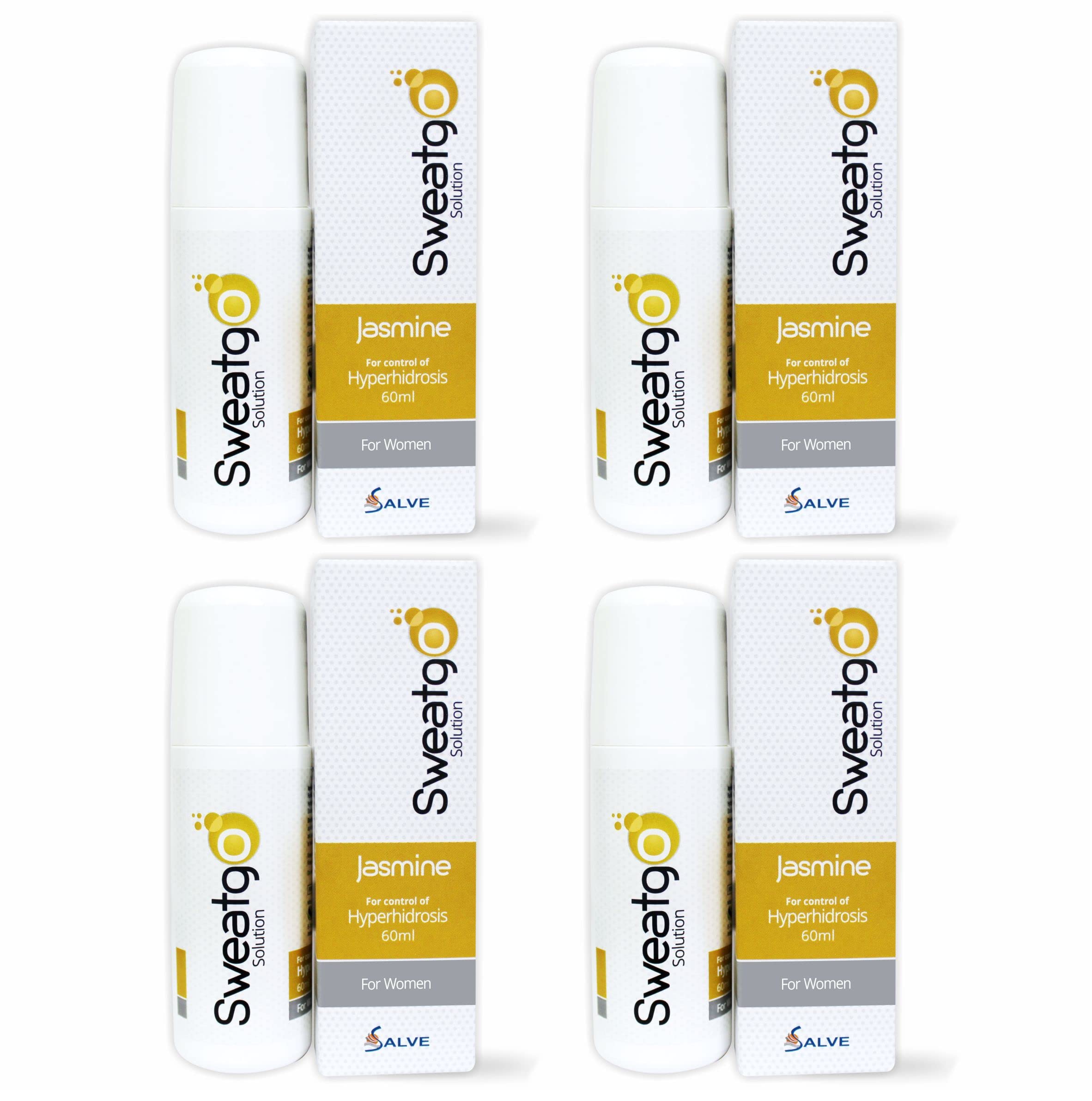 Sweatgo Roll-On Solution for Excessive Sweating & Hyperhidrosis | Antiperspirant Sweat Control for Underarms, Palms, Feet (Jasmine) | 60ml (Pack of 4)