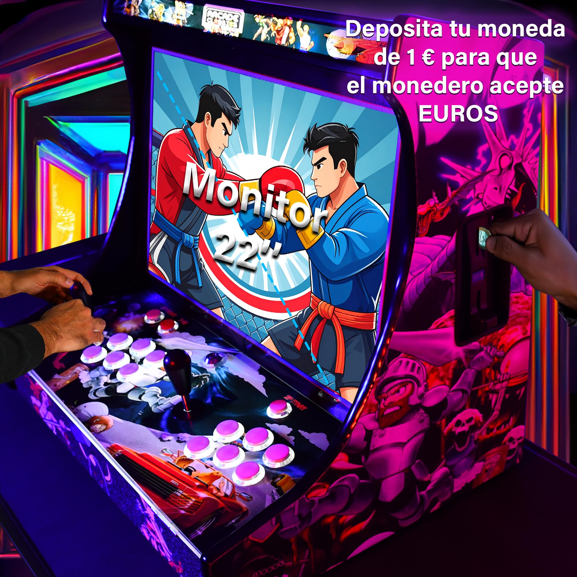 Máquina Arcade Retro 22" con Pantalla HD | 2 Jugadores | 6 Botones por Jugador | Modo Free Play o Monedero | Altavoz Integrado | Marquesina LED | Mueble Arcade Hecho a Mano