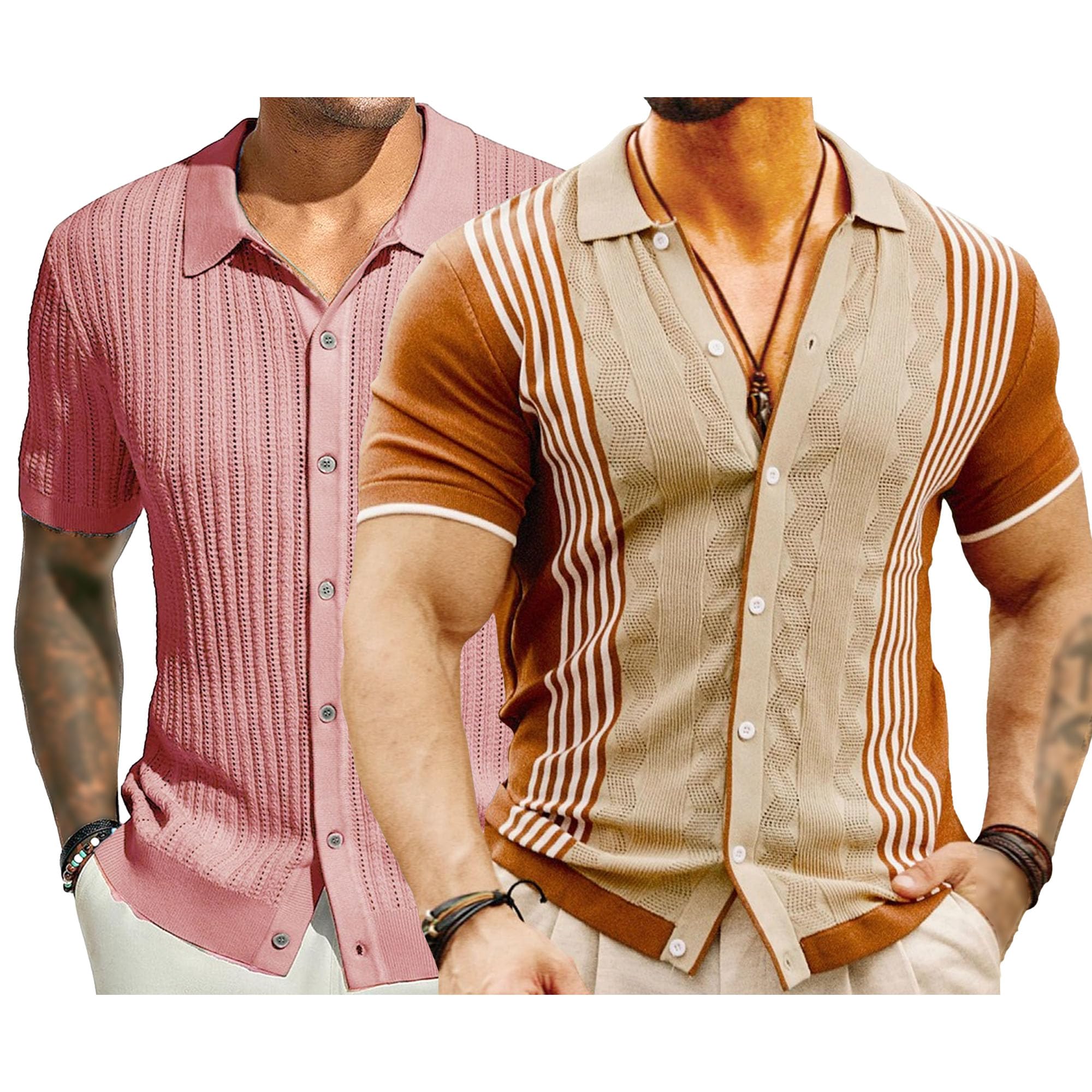 Camicia da uomo vintage con bottoni, a maniche corte, colletto cubano, a righe, da golf, da spiaggia