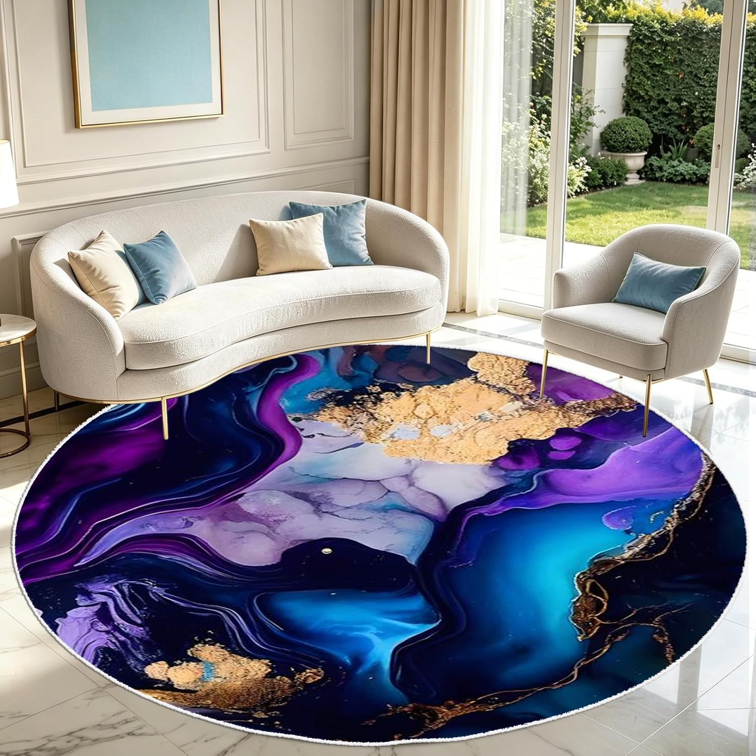 PDENZG Black and Grey Gold Marble Round Rug,200cmAbstract Modern Marble Decor Round Area Rug, Washable Non-Slip Luxury Fluid Agate Geode Art Black Gold Rugs, for Bedroom Living Room Dining Room